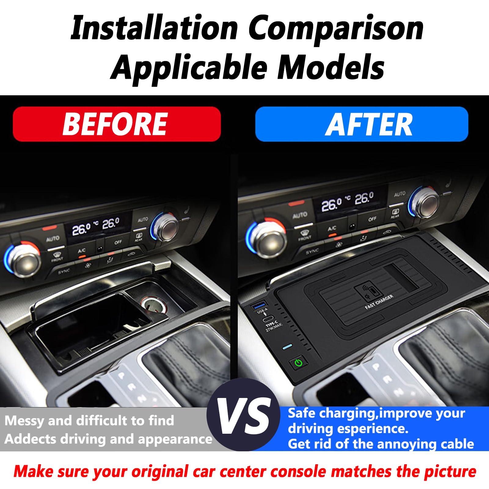Nuovo Aggiornamento Caricatore Per Auto Wireless per Audi A6/A6L/RS6/A7/RS7/S6,Tappetino Ricarica Wireless Veloce 15W,Caricabatterie Wireless Console Centrale Funziona Con Telefoni Abilitati QI