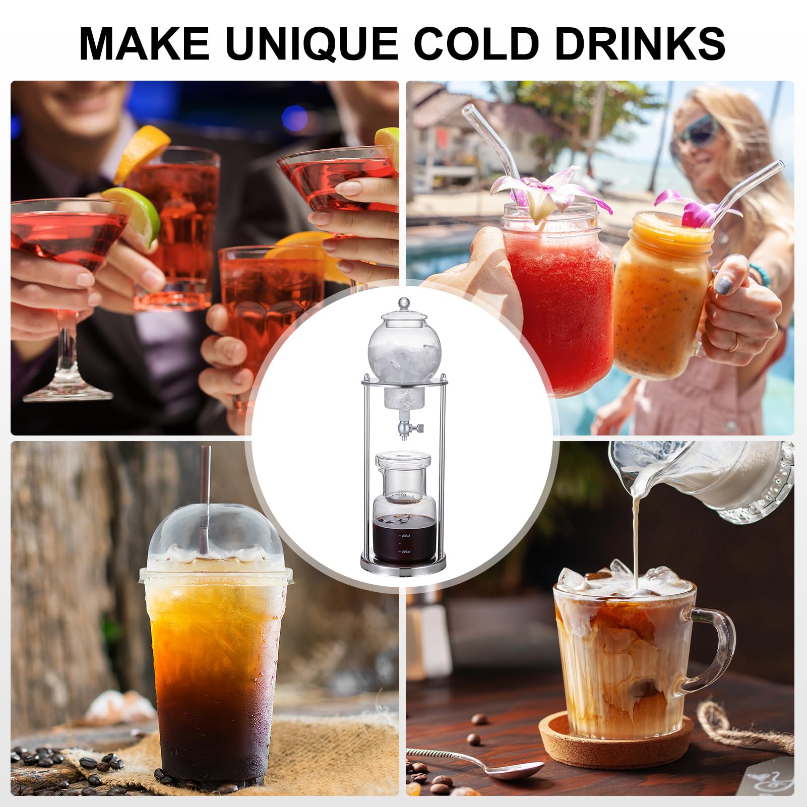 Cold-drip-kaffeemaschine, Cold Brew Tropfturm, Ice Cold Brew Dripper Kaffeemaschine, Wiederverwendbarer 600 ML Glasfilter Transparenter, Edelstahlständer DIY Coffee Maker Glaskaraffe