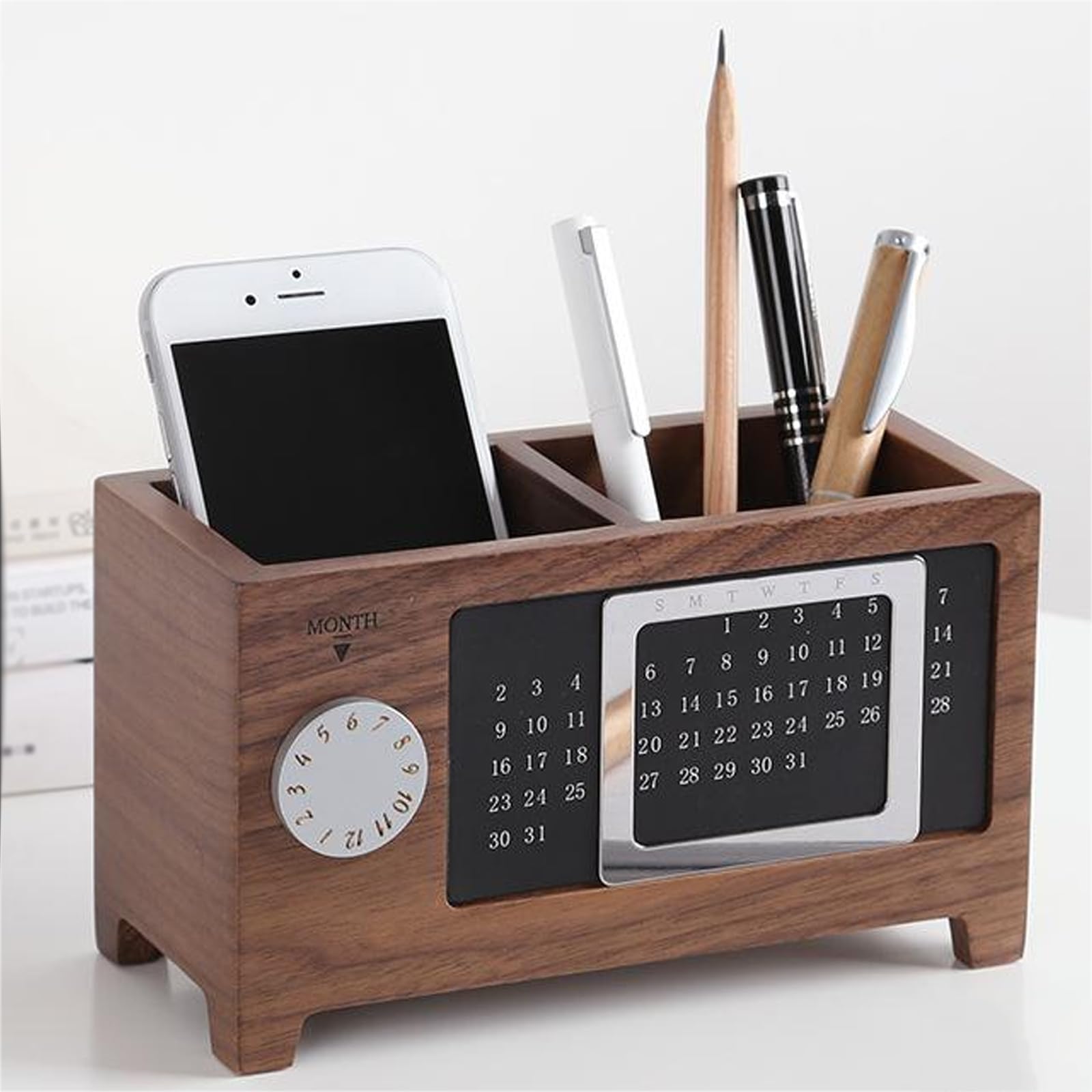 Calendario perpetuo in Acero/Noce, portapenne in Legno, Calendario perpetuo con Binario Scorrevole Magnetico e Doppio Scomparto.