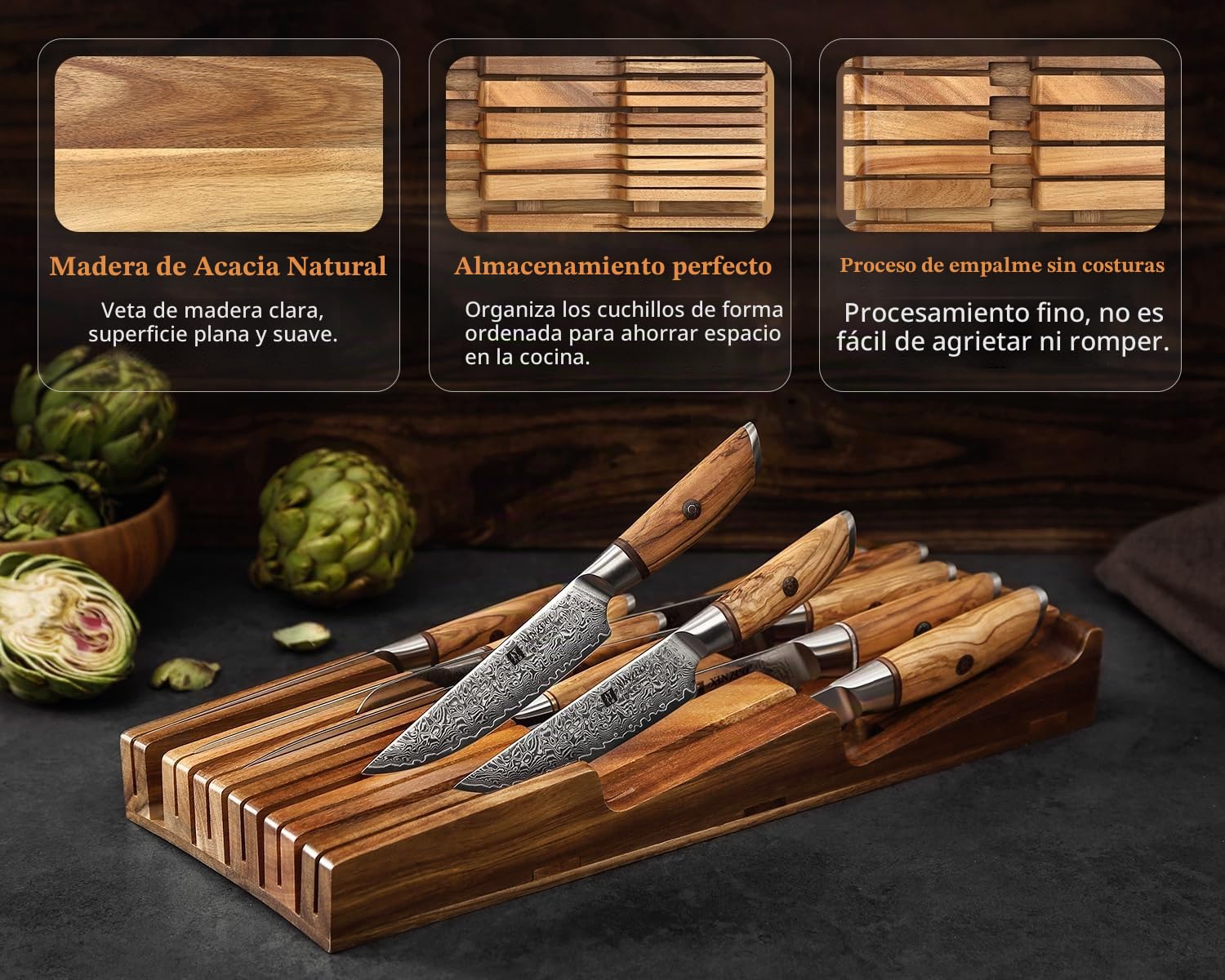 XINZUO Portacuchillos para Cajones de Madera de Acacia -Organizador de Cuchillos para Cajón 43,6x18,4x5,3cm Reposacuchillos para 10 Cuchillos y 1 Acero para Afilar(Sin Cuchillos)-Con Caja de Regalo