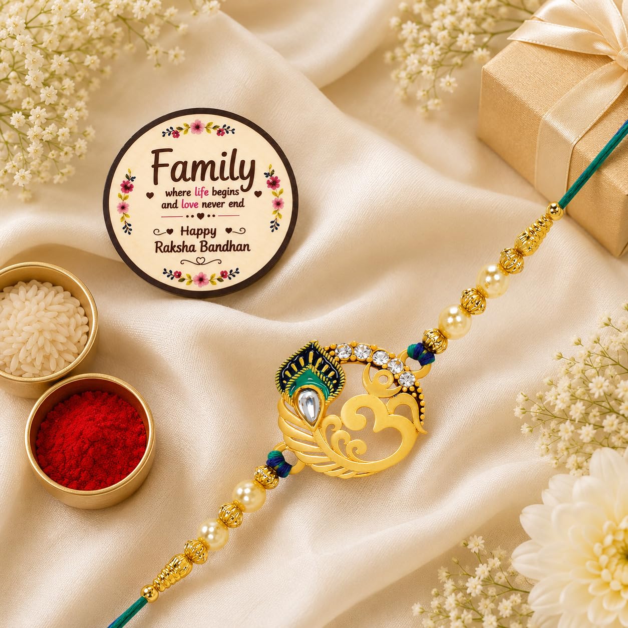 Religious Meenakari Om & Diamond Ring Rakhi With Roli Chawal and Greeting Card-image-39