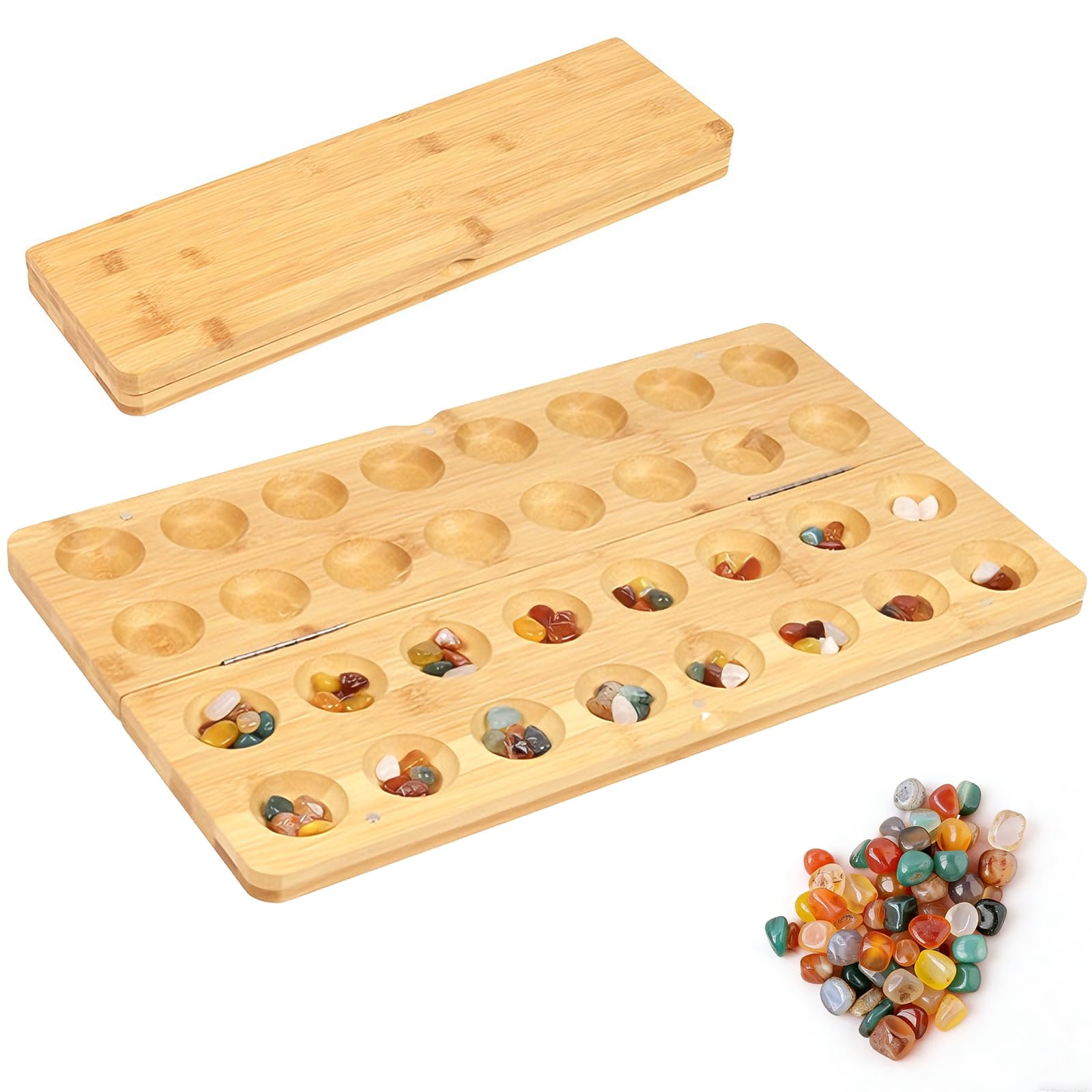 Steinchenspiel, 65 Juwel Kalaha Spiel, Mancala Kalaha Faltbar und Leicht zu Tragen Strategiespiele, Edelstein Match Schach,für Kinder Erwachsene Spannendes Strategiespiel aus Holz