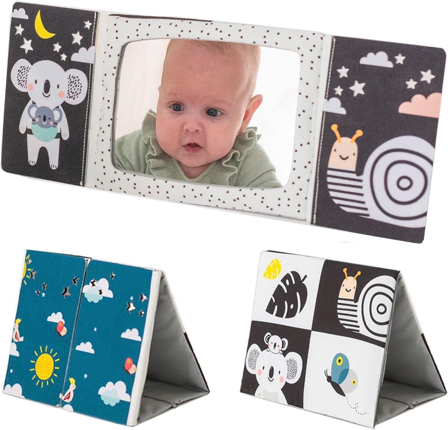 Taf Toys Tummy Time Floor Mirror Book Giocattoli per bambini Attività ad alto contrasto Montessori Neonati Giocattoli, Nero & Bianco Baby Mirror Giocattoli 0 3 6 12 0-3 Mesi Neonato Essenziale per il