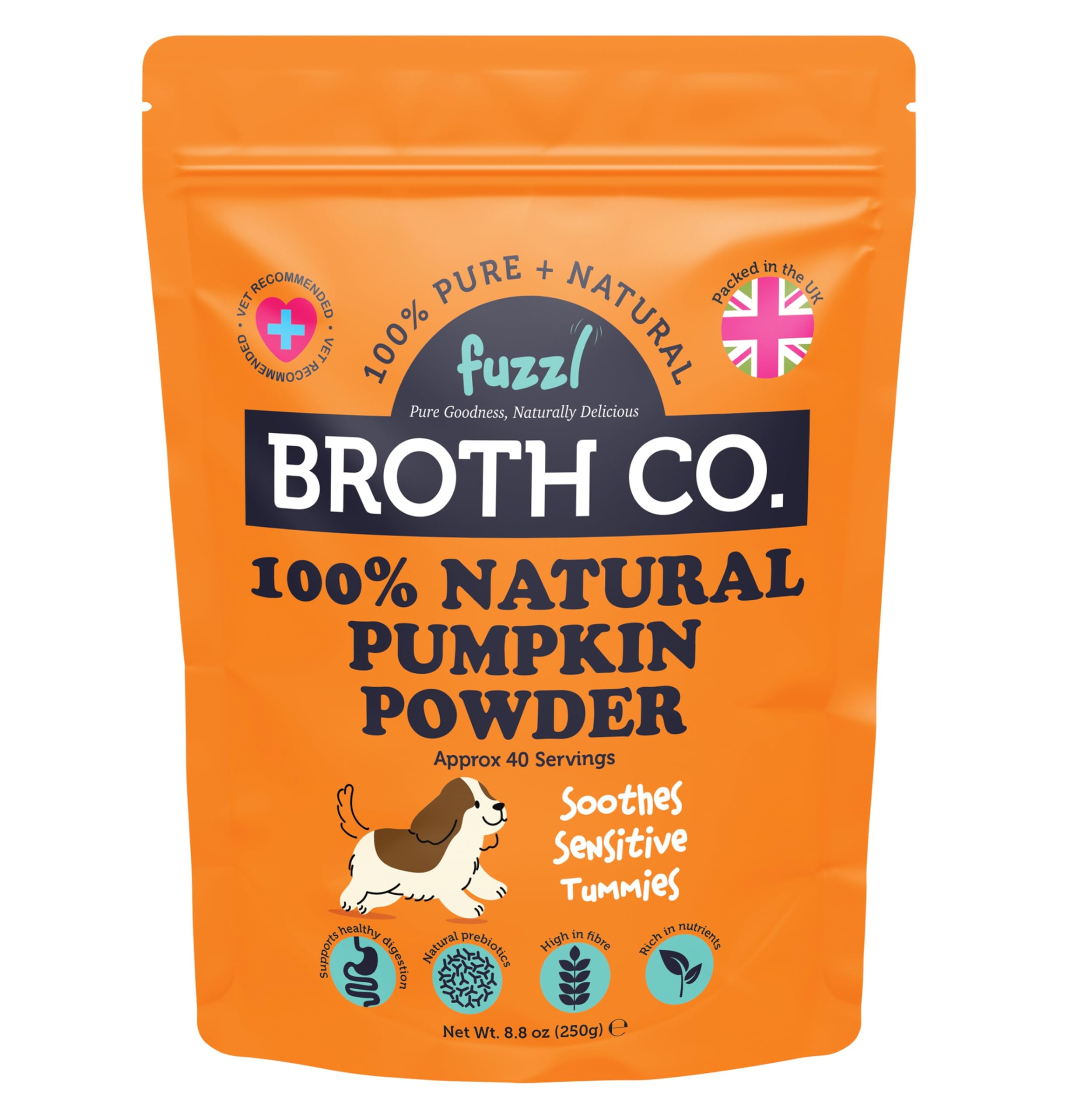 Fuzzl Pumpkin Powder for Dogs – 250g Large Pack – Natural Digestive Support & Fibre Supplement – Helps Dog Constipation & Diarrhoea – Tummy Care Food Topper for Healthy Gut & Stool