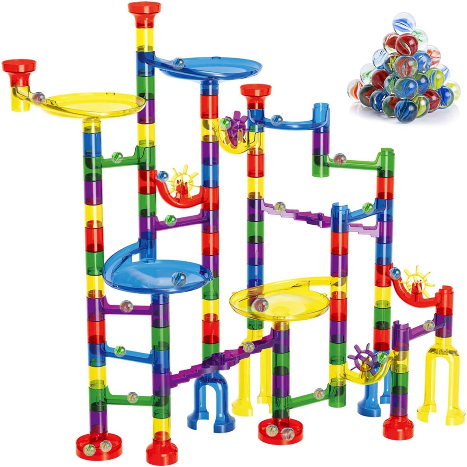 Marble Run Sets Kids, 122 PCS Marble Race Track Game 90 Translucent Marbulous Pieces + 32 Glass Marbles, STEM Marble Maze Building Blocks Kids 4+ Year Old