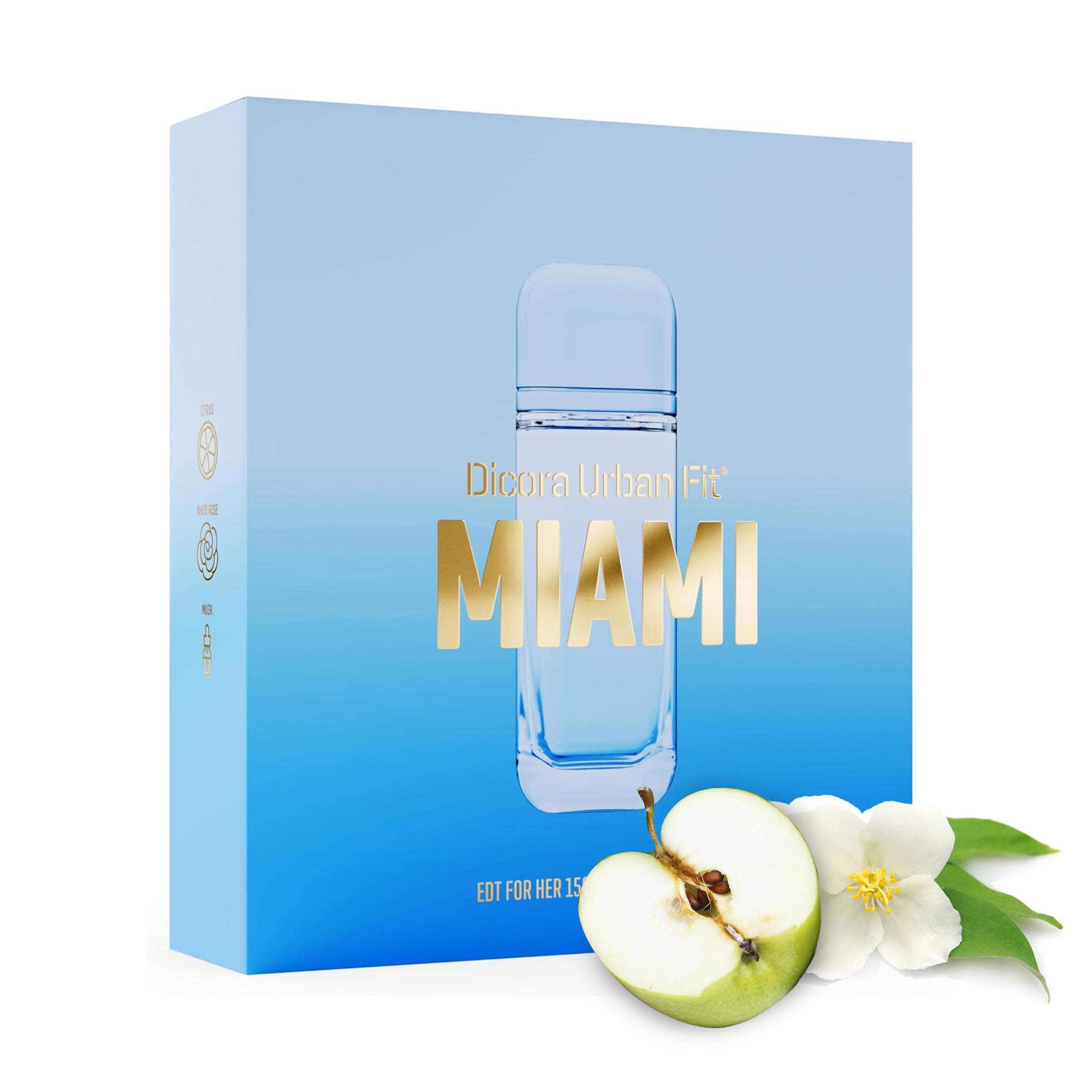 Dicora Urban Fit | Eau de Toilette SET MIAMI FOR HER+POCKET | Set Perfume de Mujer | Fresca y apetitosa | Manzana, Limón, Jazmín, Rosa Blanca, Almizcle | 150 ml