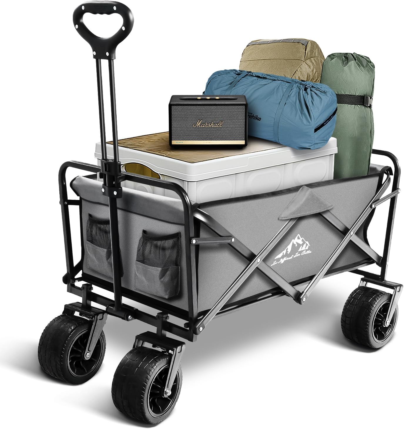 Large Collapsible Wagon Cart Heavy Duty Foldable, Large Capacity Foldable Grocery Beach Wagon for Camping Sports Shopping, Blue