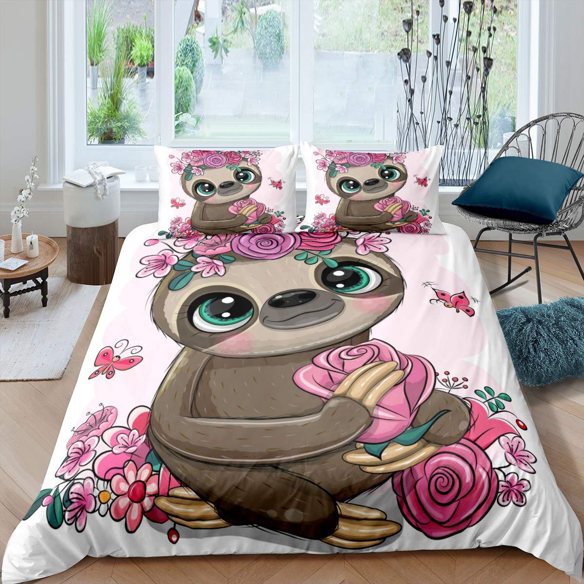 Housse de couette paresseux rose et parure de lit fleurs pour chambre enfant fille