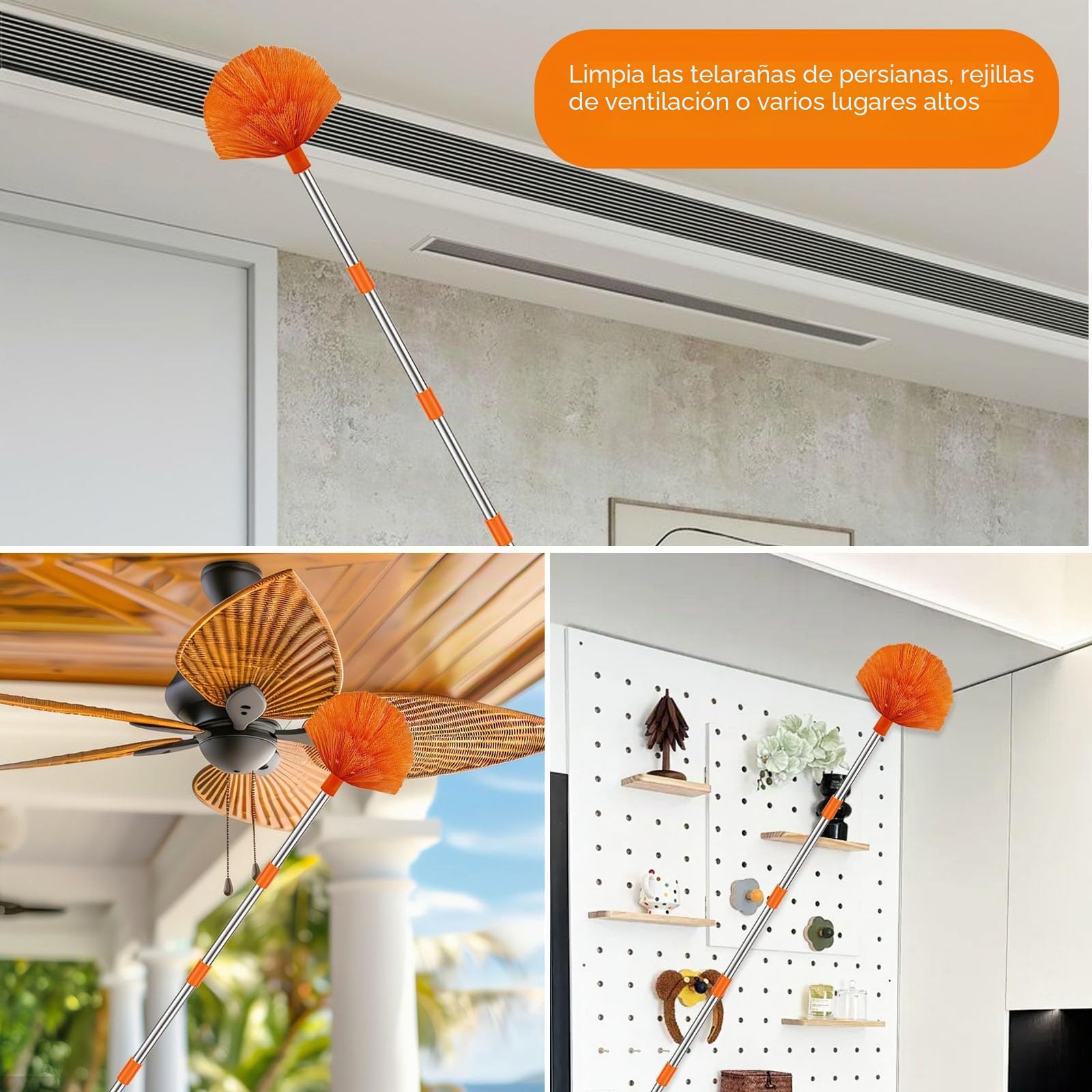 GAESHOW Kit limpiacristales telescópico 4 m, Limpiador de Cristales 2 en 1 con Cepillo de Microfibra y espátula de Goma, Cepillo para la Limpieza de Ventiladores de Techo