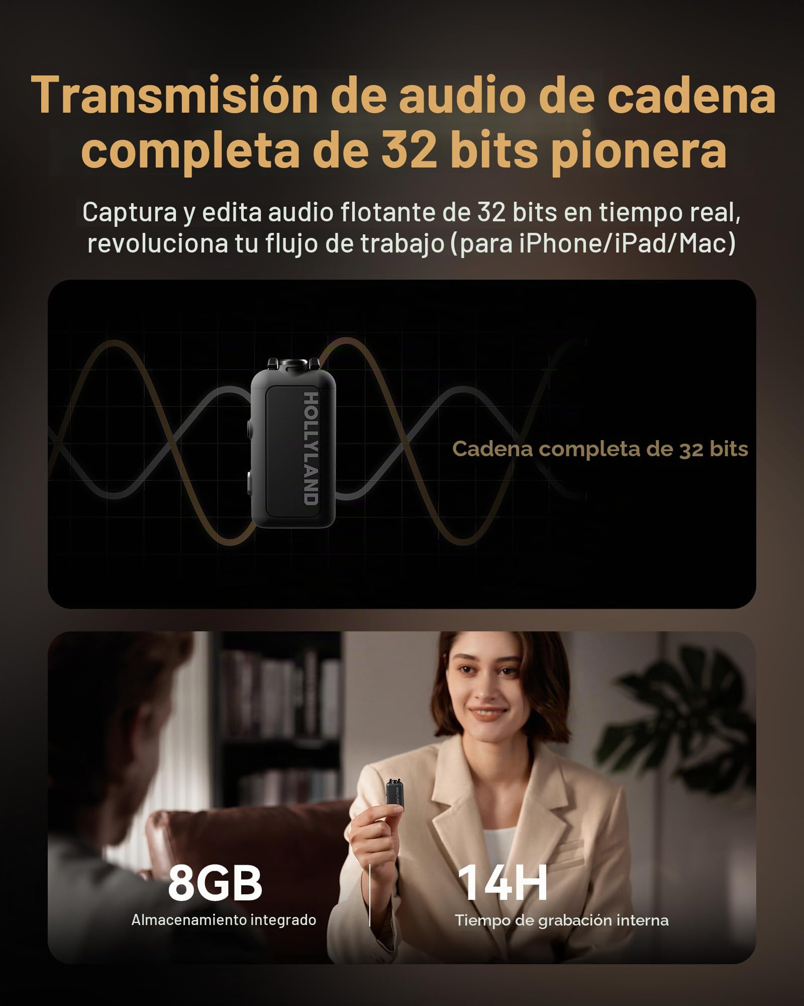 Hollyland LARK MAX 2 Ultimate Combo, micrófono inalámbrico,cancelación de ruido inteligente, monitoreo de audio inalámbrico, grabación interna flotante de 32 bits, micrófono para cámara,iPhone y USB-C | Micrófono Lavalier inalámbrico, diseñado para escena
