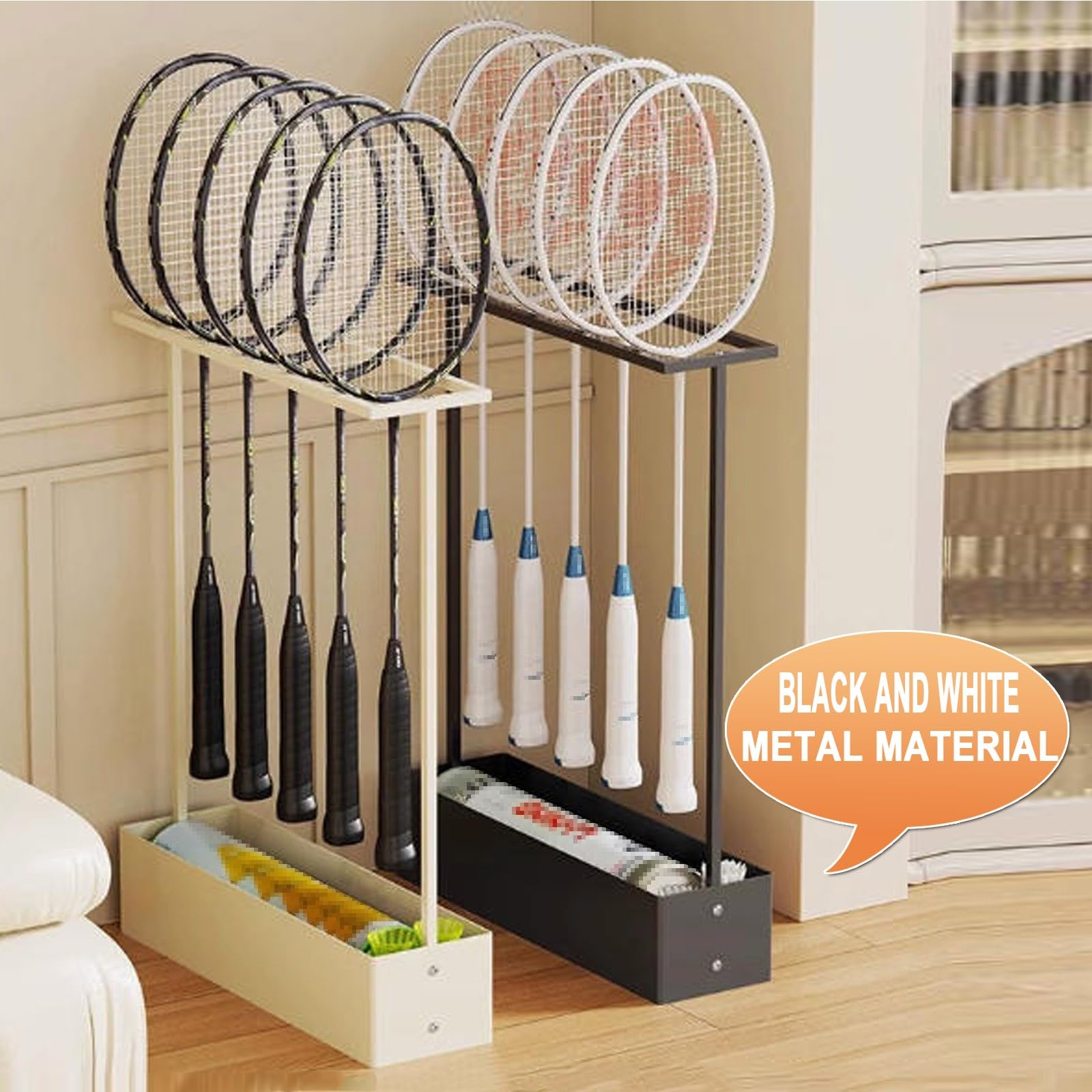 Rastrelliera Racchetta Tennis Supporto, Scaffale Porta Racchette da Badminton, Vano Portaoggetti Inferiore, Salvaspazio, Adatto a Palestre e Scuole