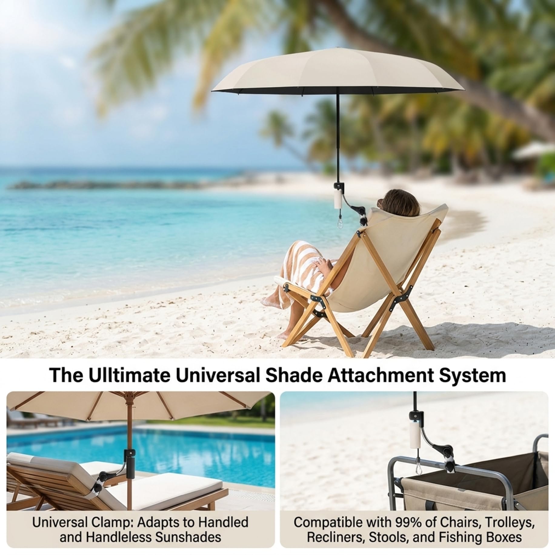 Parapluie Portable à Clipser pour Chaise, Pare-Soleil réglable à 360° avec Pince pour chaises de Plage, de Camping et d'extérieur, 45, 28 Pouces diamètre