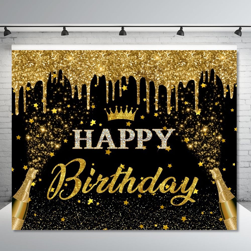 Pancarta de fondo de feliz cumpleaños de 10 x 8 pies con purpurina negra y dorada, fondo de fotografía de feliz cumpleaños, pancarta de feliz cumpleaños para hombres y mujeres, telón de fondo de