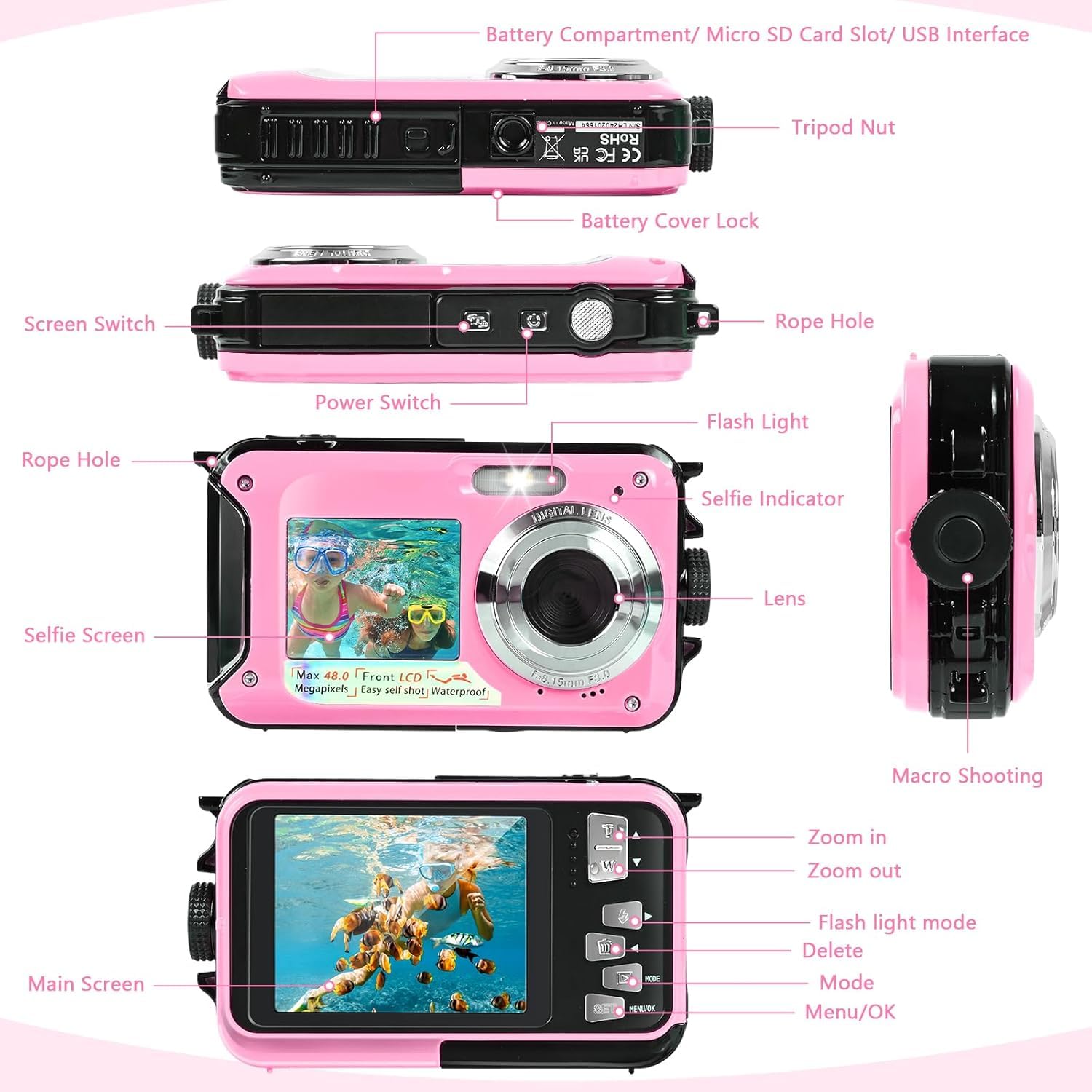 Cámara subacuática Comius Sharp para esnórquel y buceo, 10 pies 3 MP, FHD, resistente al agua, 32 G para disparador automático, bajo el agua, surf, rosa