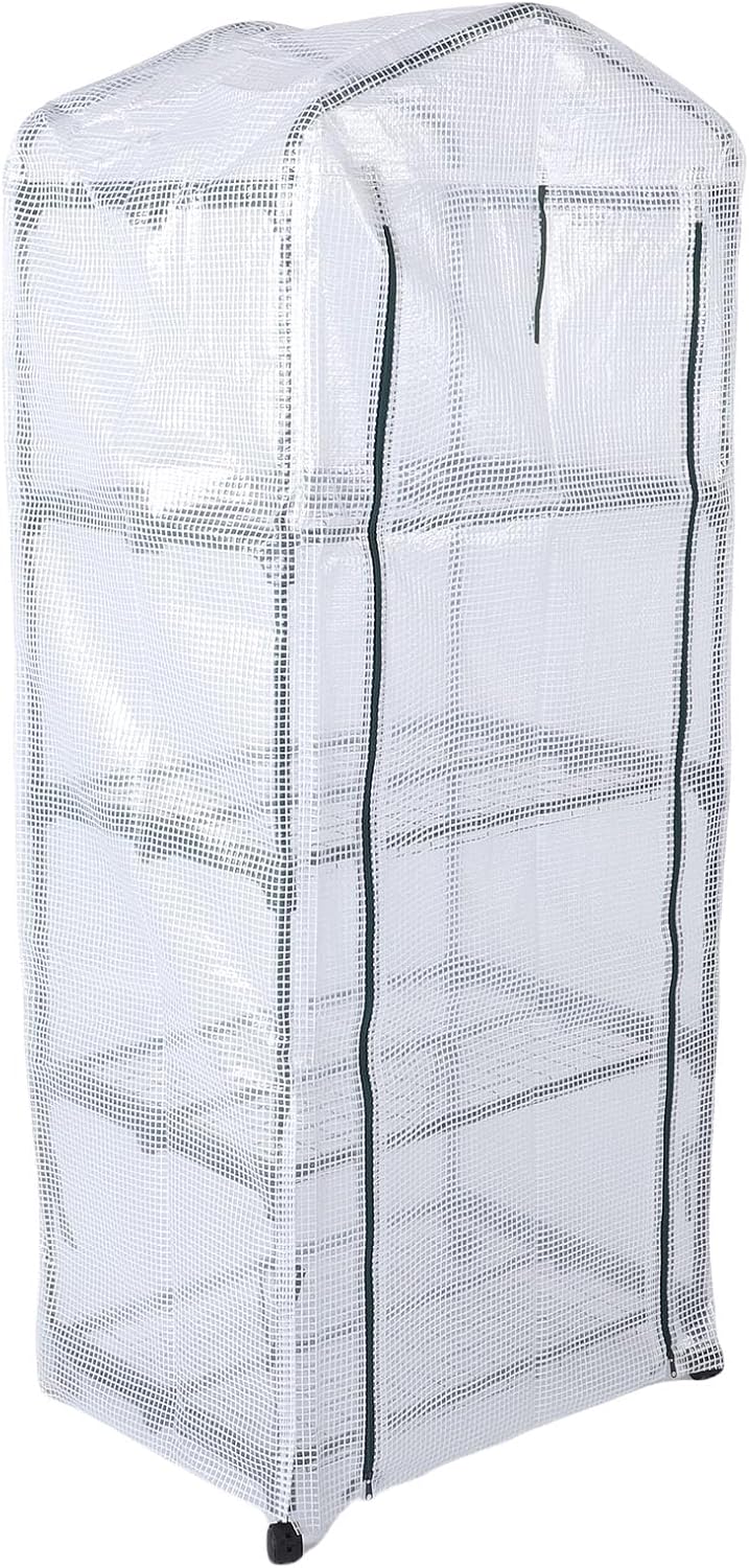POCREATION 4 Tier Small Greenhouse with Wheels Portable Plant Green House Indoor Outdoor with 360 Rotating Castors Frost Proof PE Cover for Gardening Supplies Tools (White)