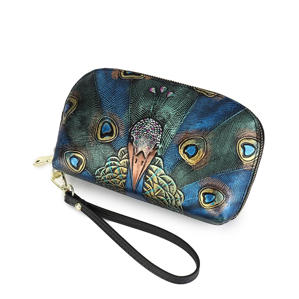 ArtsEyeEmbossed Genuine Leather Clutch Purse Women's Handbag Evenning Bag with Wristlet Strap