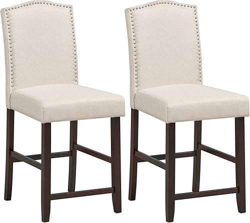 COSTWAY Juego de 2 taburetes de bar tapizados de altura de mostrador de 25 pulgadas con cojín grueso de resorte en forma de S, patas de madera de