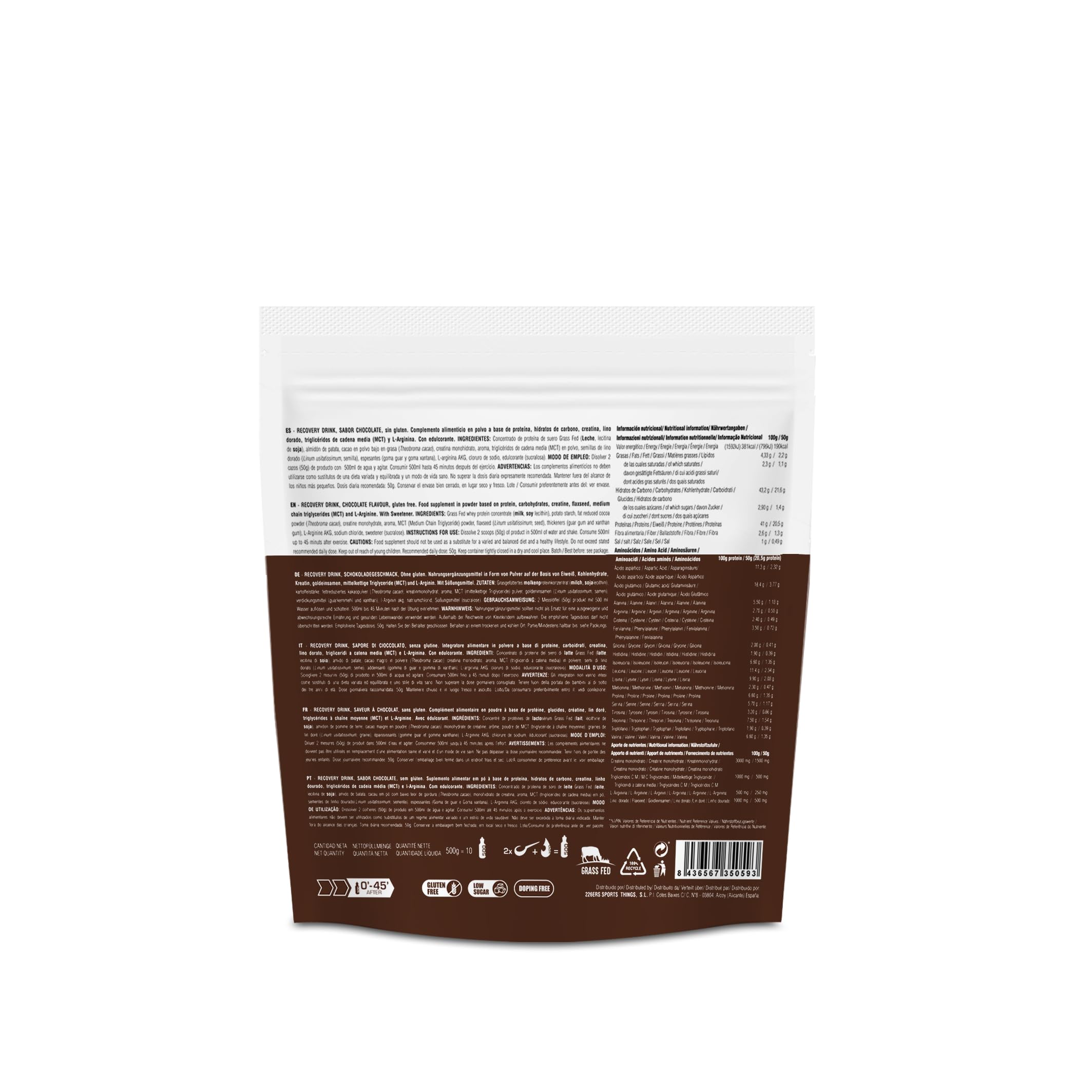 226ERS Recovery Drink | Integratore per il Recupero a base di Proteine Whey, Creatina, Carboidrati, Trigliceridi e L-Arginina, Senza Glutine, Cioccolato - 500 gr