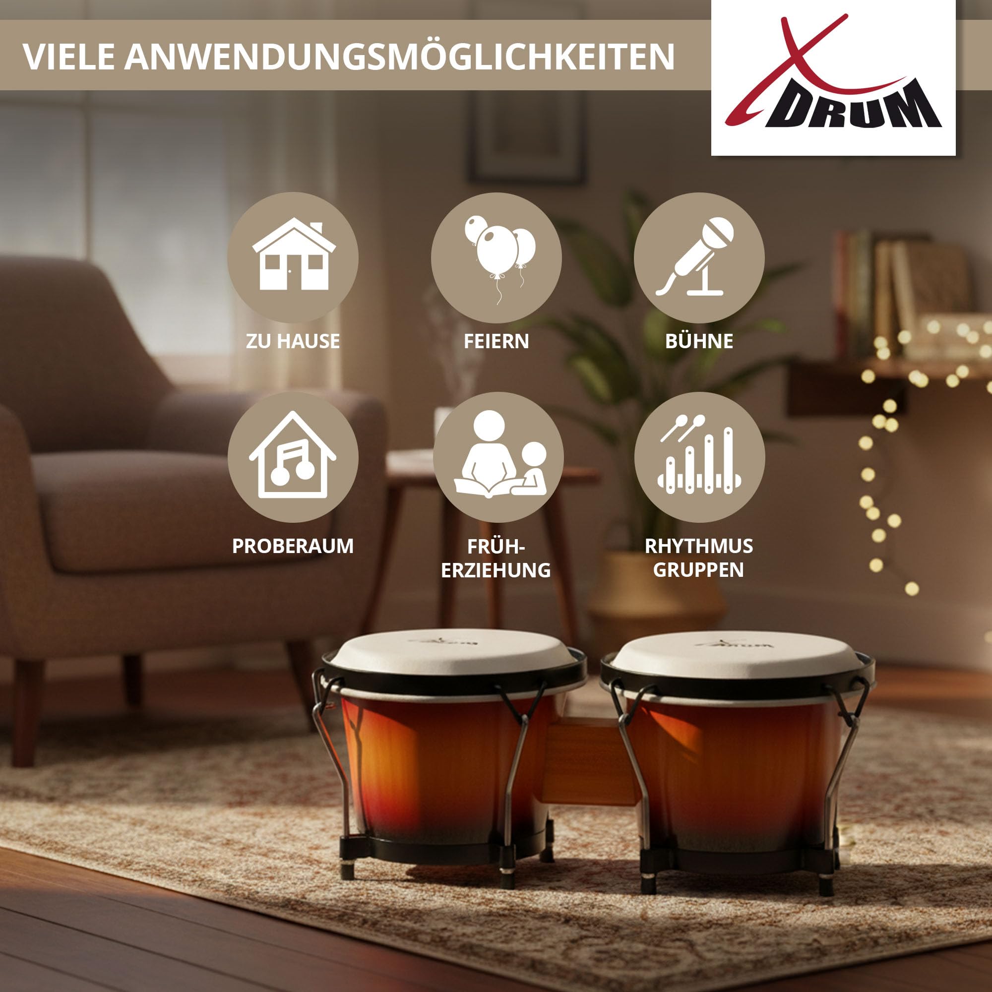 XDrum PERC Bongos Club Burdeos - 2 tambores de 6" y 7" - Bongos con parches naturales afinables y llave de afinación - Tambores de madera Vintage Sunburst