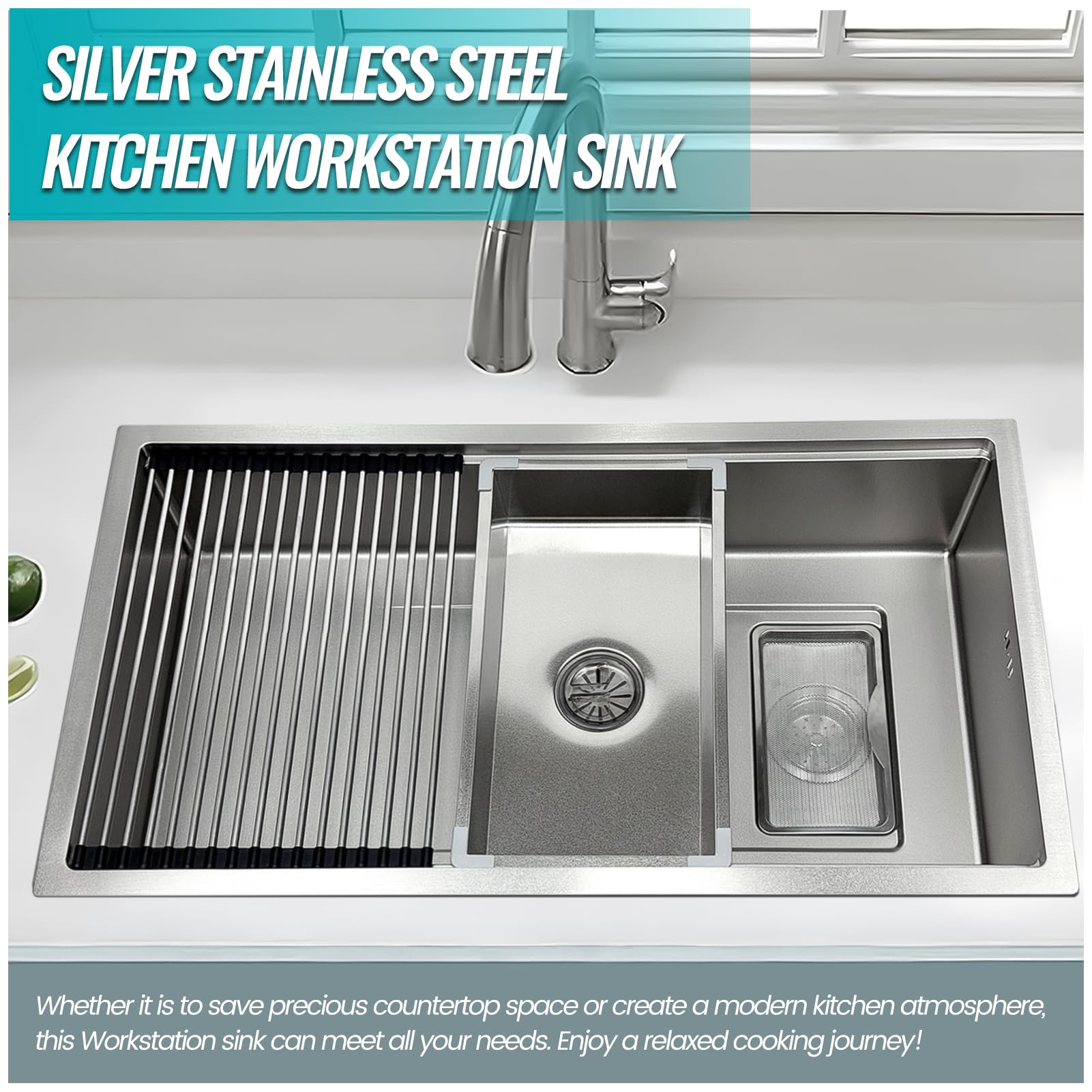 Lavello da Cucina 90 x 50 cm in Acciaio Inox 304, Kit Completo con sifone e Scarico, scolapiatti, Tagliere, Vasca Piccola, Filtro Extra Large, AntiGraffio, da Incasso/sottopiano.