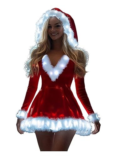 bDDeDD Women's Santa Costume LED Light Up Christmas Dress Cosplay Mrs. Claus Costume - Red - Large