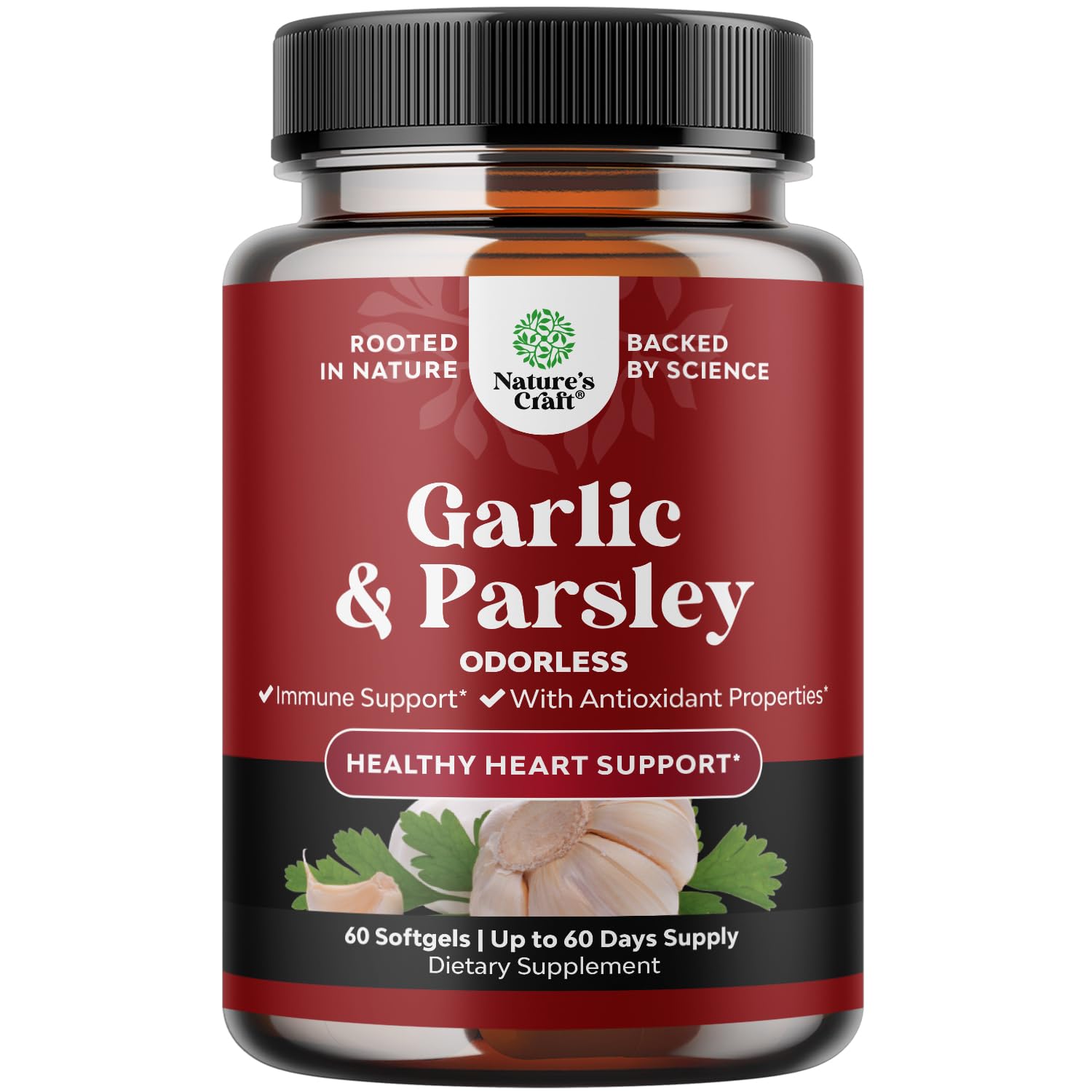 Concentrated Odorless Garlic Softgels - Parsley Extract & Aged Garlic Supplements for Circulatory Health, Digestion, Immune Support & Liver Detox - Parsley Softgels for Gut Support - 60 Ct