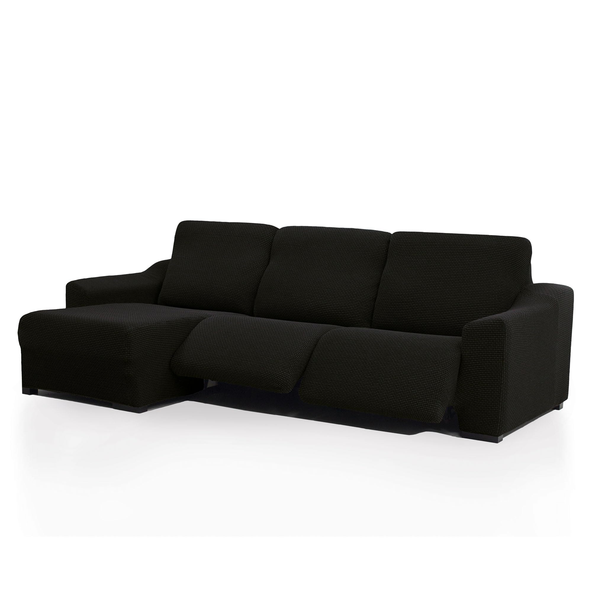 Funda Chaise Longue Super Elástica Brazo Corto Izquierdo (Visto de Frente) Dos Pies | Modelo NOVELE | Negro | Protector de Calidad de Tejido Jacquard Tacto algodón