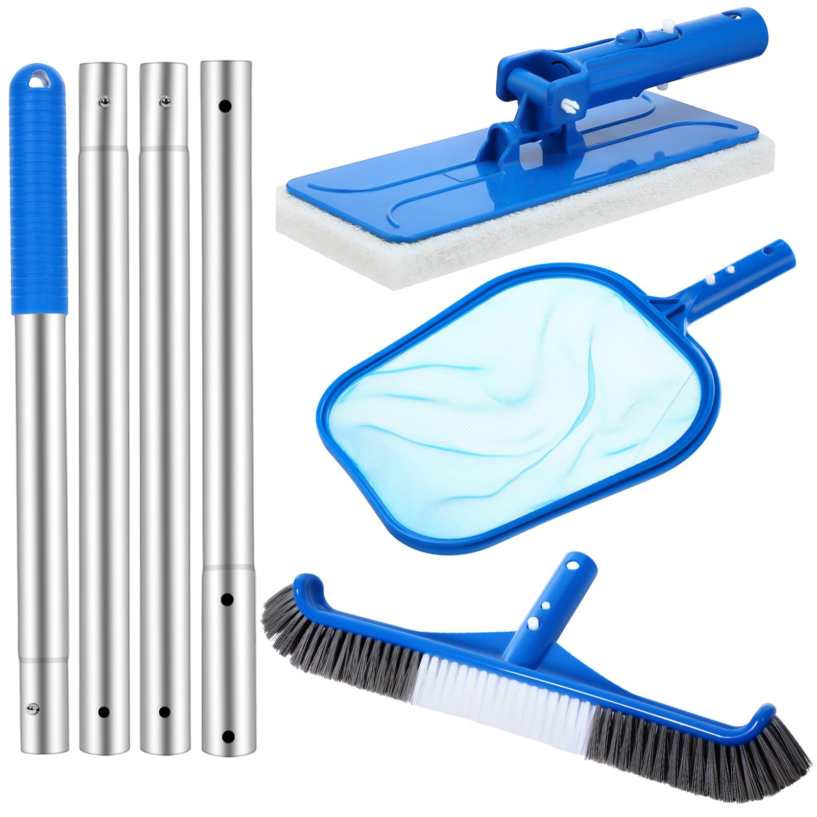 Tioncy Confezione da 4 kit di pulizia della piscina, con spazzola per la pulizia della piscina, spugna abrasiva, retino per foglie e pali per la pulizia della piscina gonfiabile, casa, spa, vasche