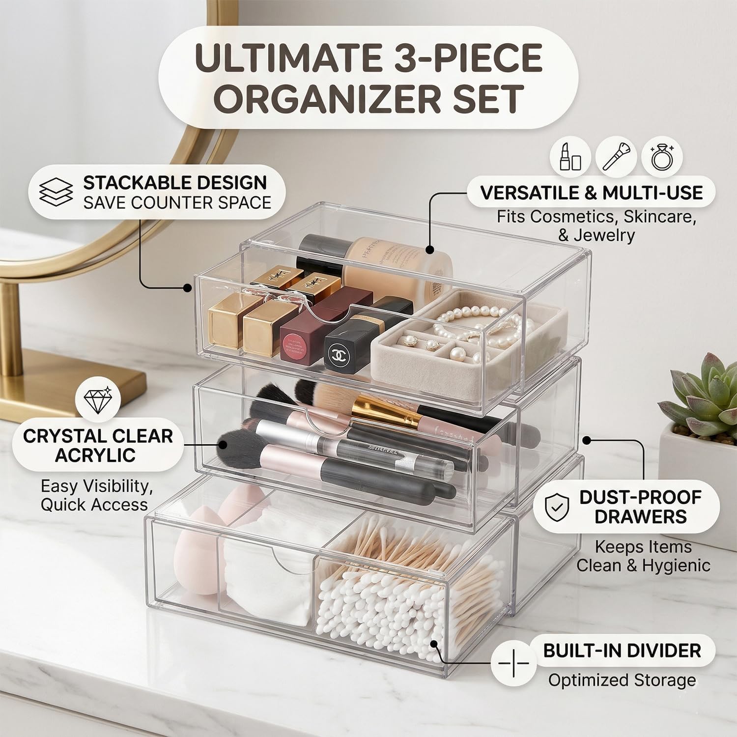 ALINK Badezimmer Organizer Mini mit Schubladen 3 Set, aus Acrylic stapelbar Transparent,für Kommode Waschtisch Badezimmer Spiegelschrank innen