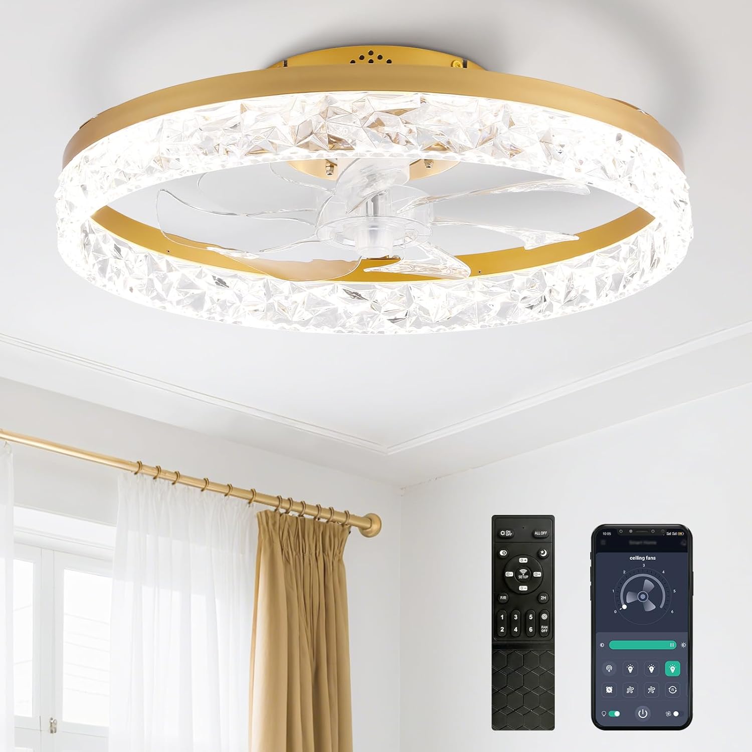 20" low profile ceiling fans with light, modern fandelier ceiling fan light with remote & app control, 3000k-6500k dimmable, gold ceiling fan flush mount for bedroom, living room, kitchen crystal gold