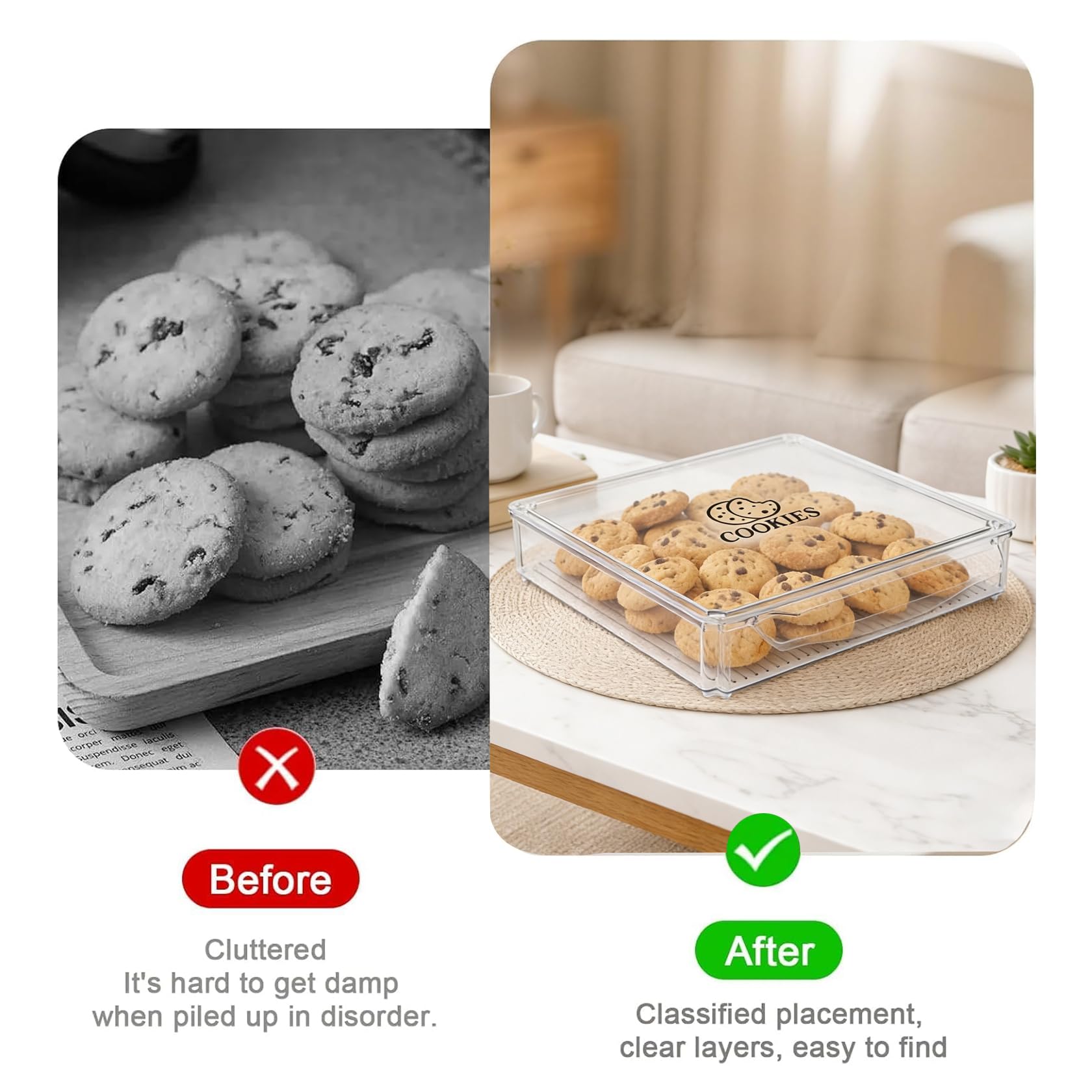 Cajas de galletas – 2 juntas cuadradas grandes – Recipiente apilable para aperitivos, para guardar y organizar galletas horneadas, verduras, dulces, transparentes, 30 x 30 x 5 cm