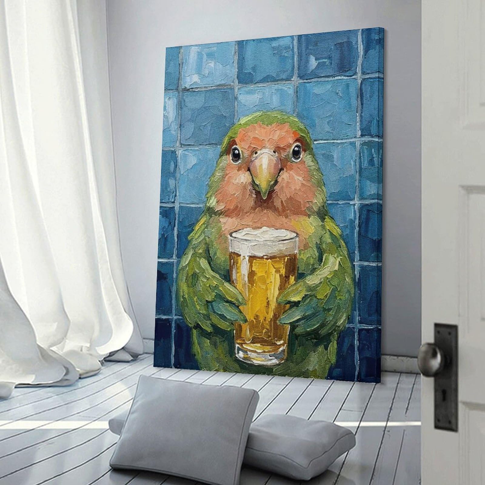 Junmoney Frame-Style-8 Canvas Art Print Parrot With Beer Painting, 12X18inch(30X45cm), For Office, Study Or Home Workspace, Wall Art That Adds Style To Work Areas