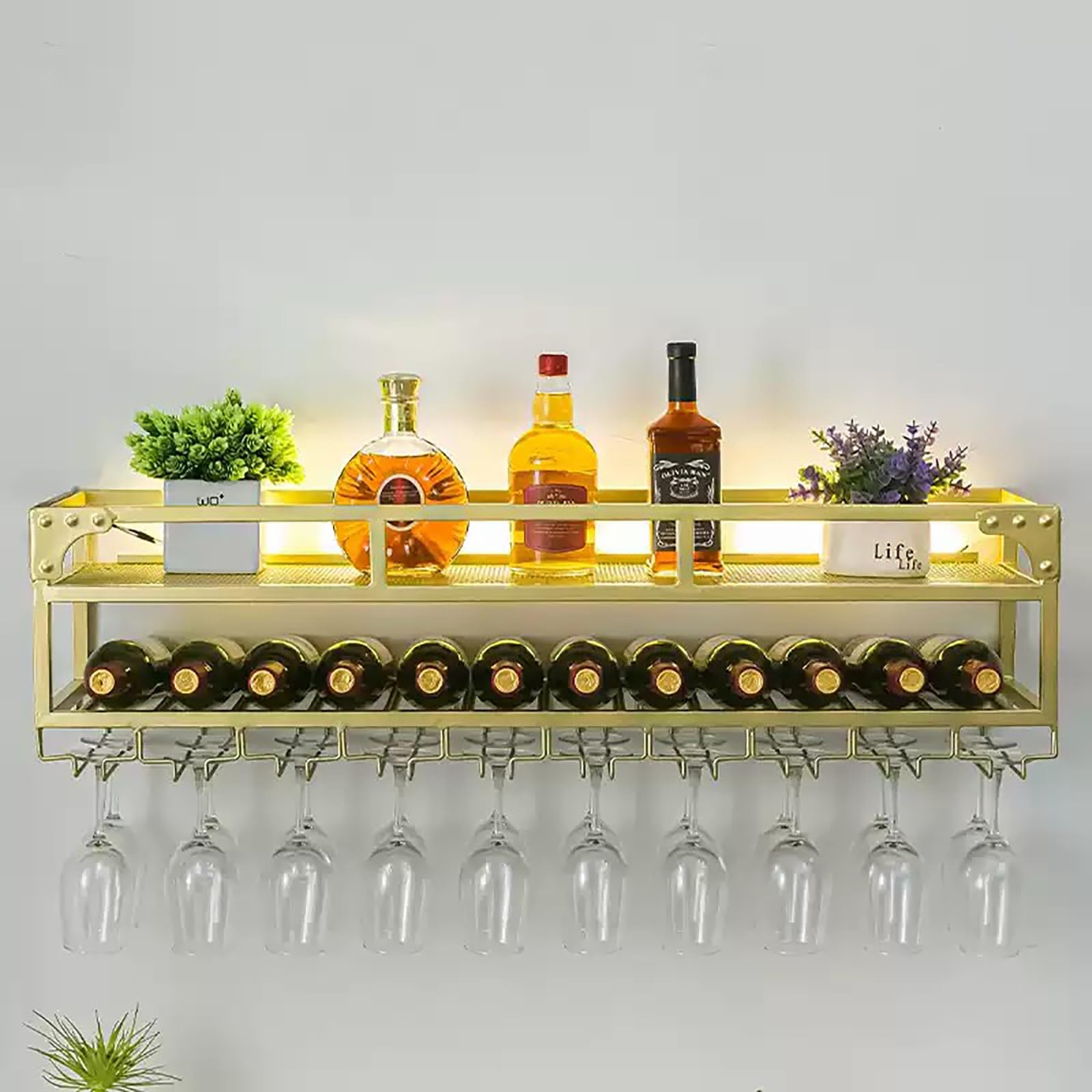Étagère à vin murale moderne en fer LED suspendue pour aménagement de bar intérieur design