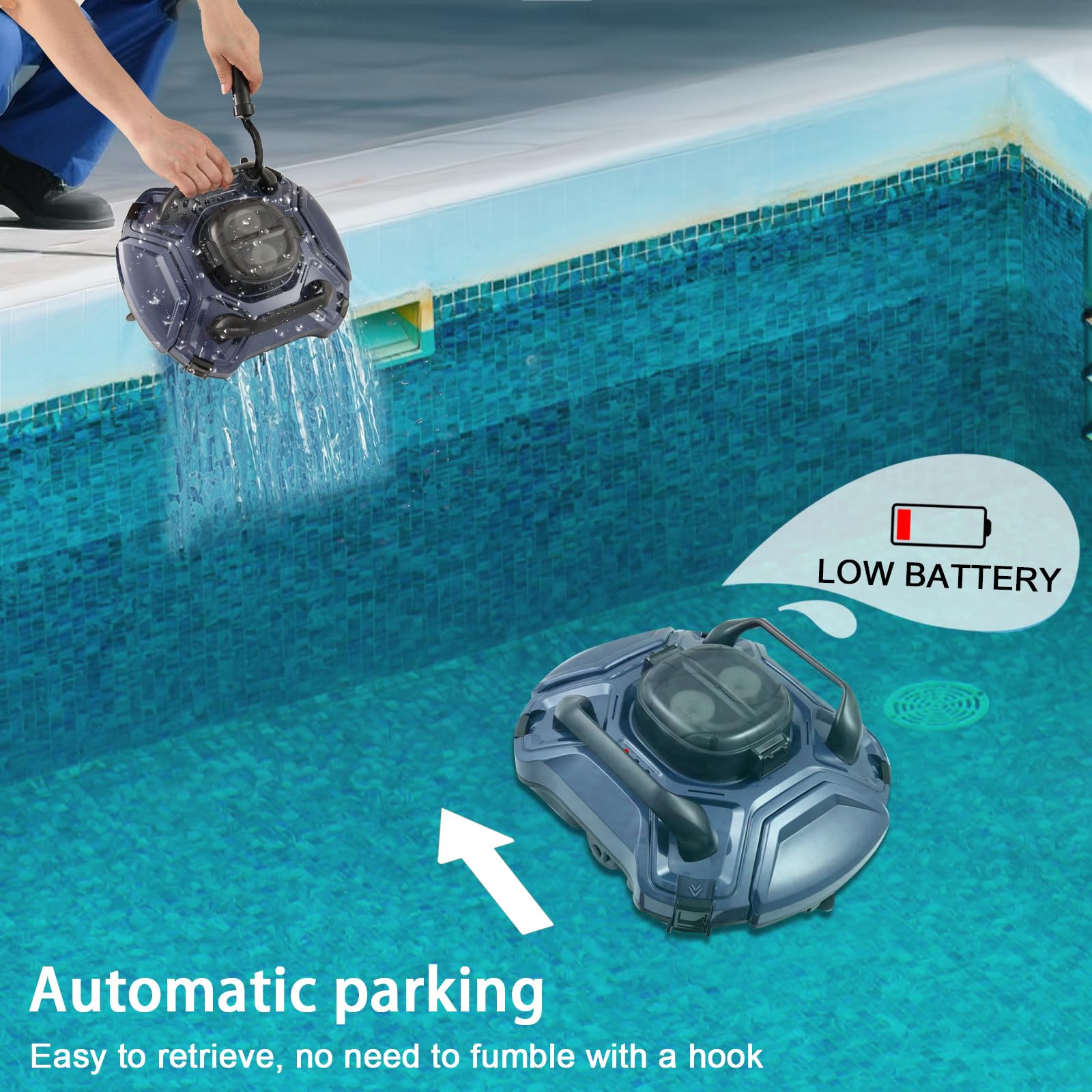 Aspirateur de piscine robotique sans fil, nettoyage automatique, double moteur, auto-stationnement, pour piscines hors sol/hors sol (bleu)