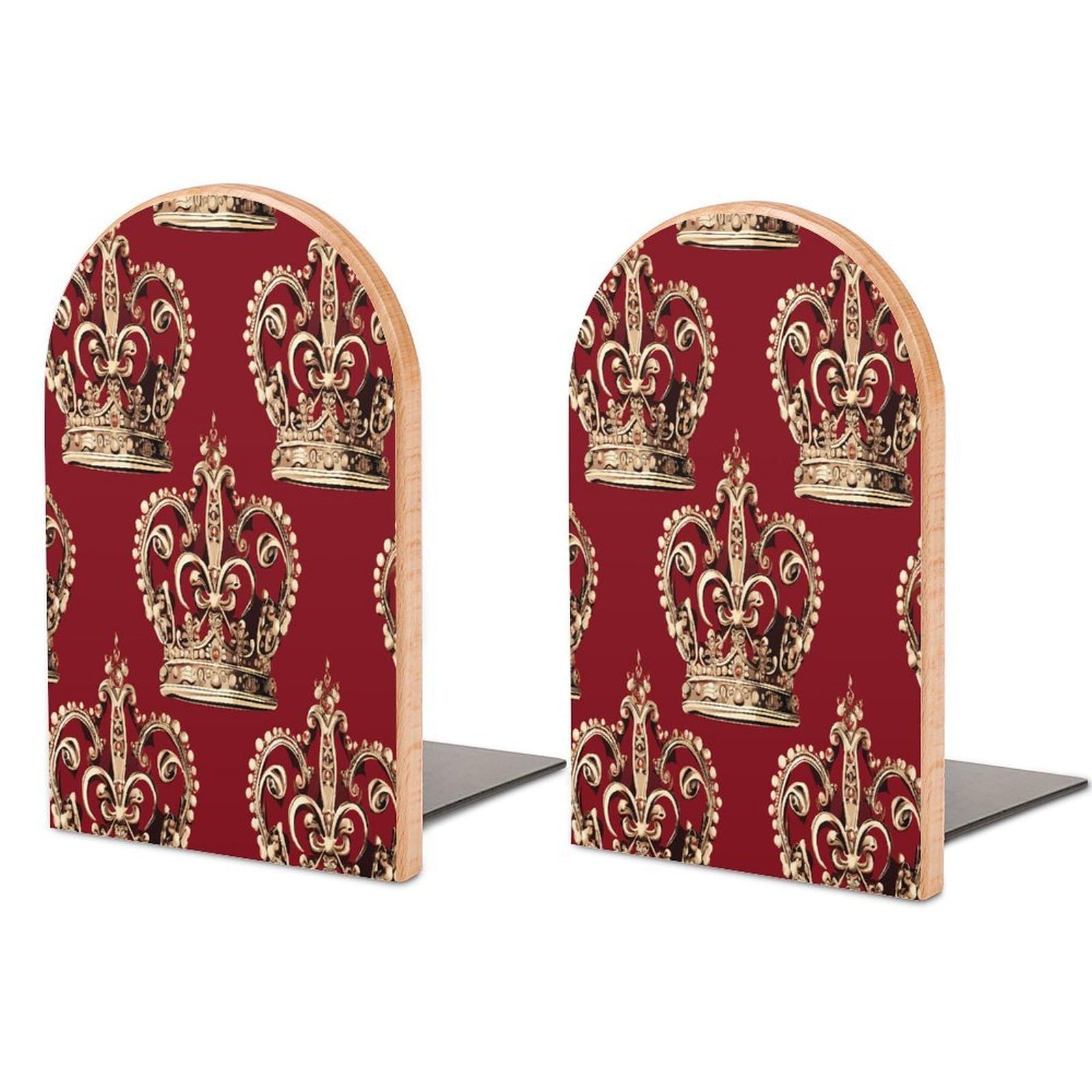 Sujetalibros de corona roja de madera y base de metal antideslizante para estanterías de oficina