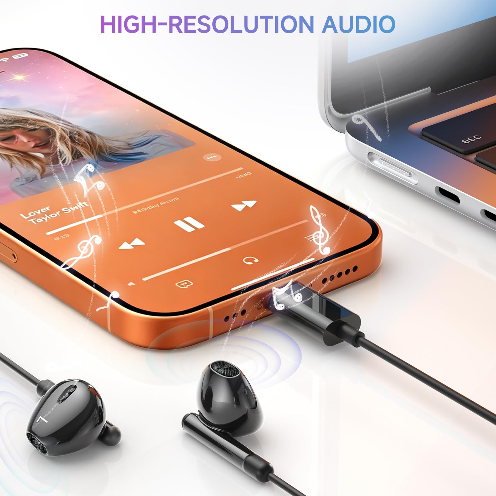 Słuchawki USB C do iPhone'a 15/16, słuchawki douszne typu C, przewodowe słuchawki z mikrofonem i pilotem zdalnego sterowania, redukcja szumów do telefonu i 15/16 Pro Max/16e/dla iPada Pro