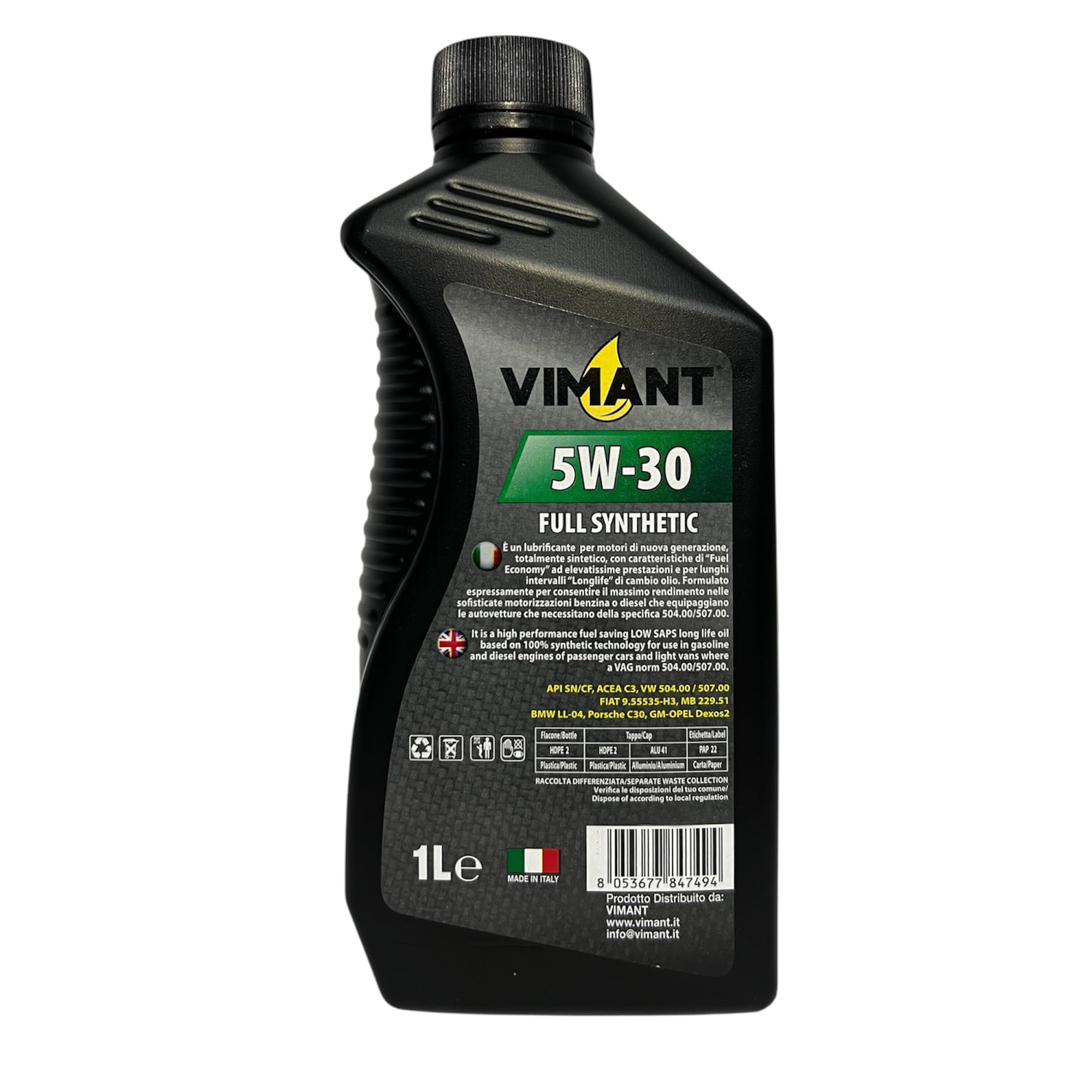 Olio Motore Auto SAE 5W-30, 5 Litri, 5 Flaconi da 1L, 100% Sintetico, API SN/CF, ACEA C3