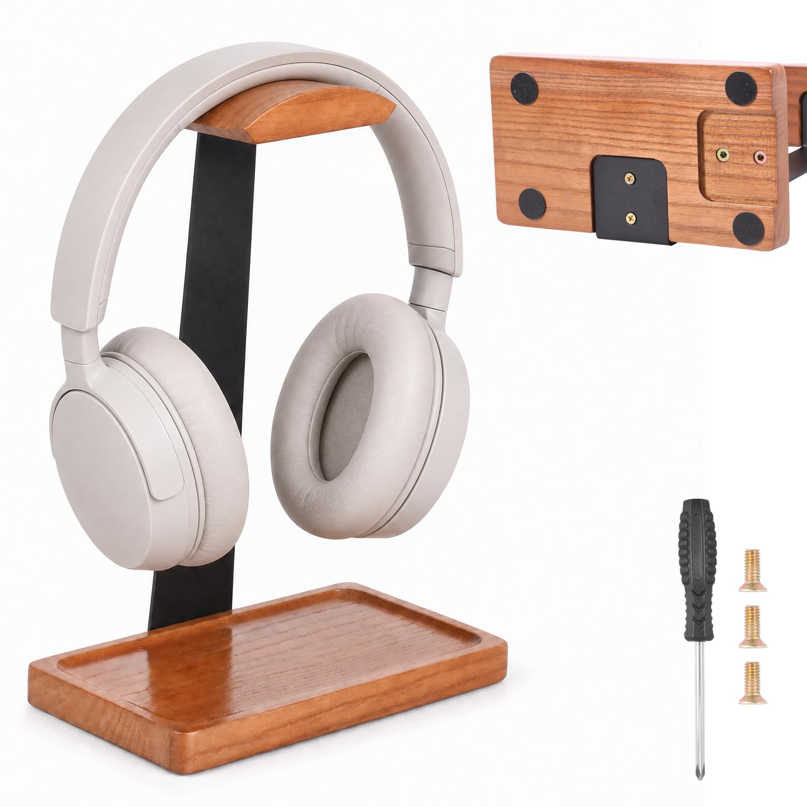 YUEKUNTJ Wooden Headset Stand for Desk, Walnut Headphone Stand, Wood Gaming Headphone Holder, Universal Headphones Rack with Tray, Headset Hanger Rest, with Storage Base Present for Men(Brown)