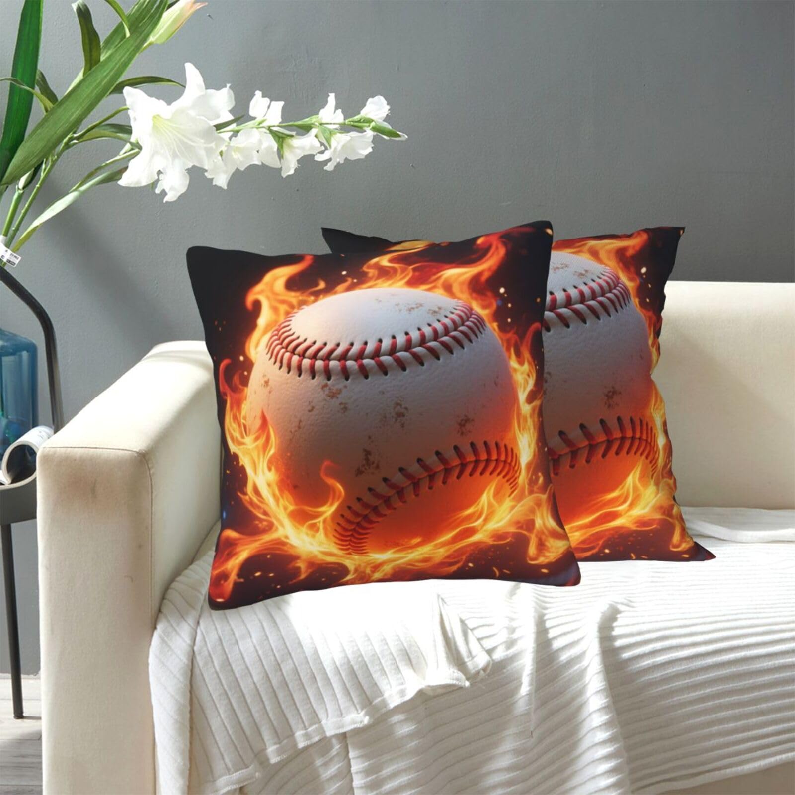 FekiLoot Decorative Throw Pillow Covers Modern Farmhouse Pillowcase Double Sided Cozy Cushion Cover for Sofa Couch Bed 20"X20" Baseball On Fire