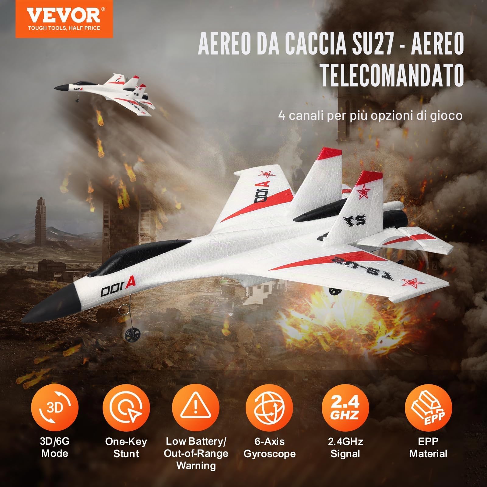 VEVOR Aereo radiocomandato, 2,4 GHz, 4 canali, con stabilizzatore giroscopico a 6 assi e 2 batterie, pronto a volare SU-27, aereo da combattimento, giocattolo per adulti, bambini, principianti, regalo