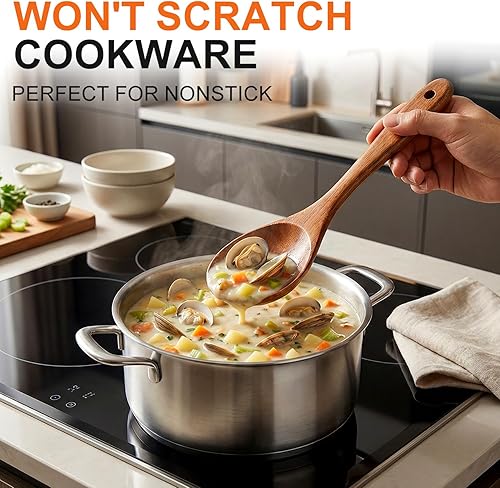 Vista 3 de 5 Pcs Best Wooden Spoons for Cooking Kitchen Utensils Set Acacia Wood Cooking Spatula Turner Non Toxic Utensil Slotted Serving Spoon Flat Spatulas