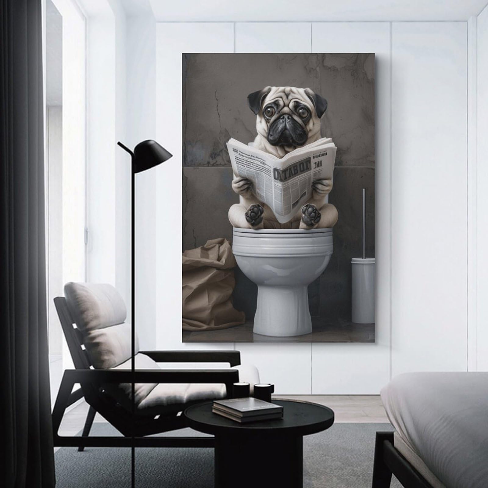 Junmoney Unframe-Style-11 Canvas Art Print Pug Reading Newspaper On Toilet, 12X18inch(30X45cm), For Contemporary Homes, Apartments Or Offices, Decorative Canvas Decor For Home Updates