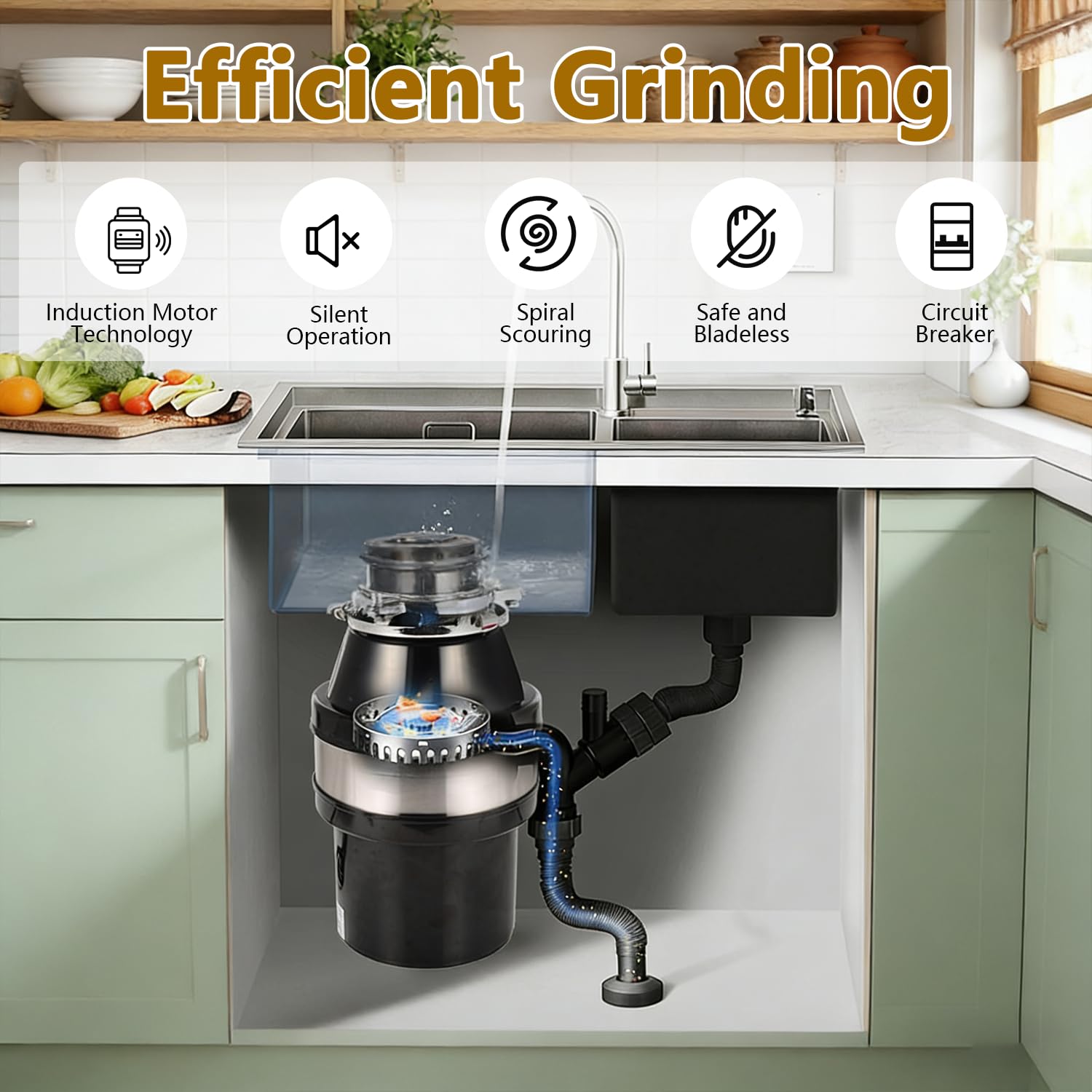 Dissipatore di rifiuti alimentari, 1,4 L 560 W, in acciaio inox, da cucina, sotto il lavello, con interruttore dell'aria integrato con anti-bloccaggio e protezione da sovraccarico, efficiente ad alta