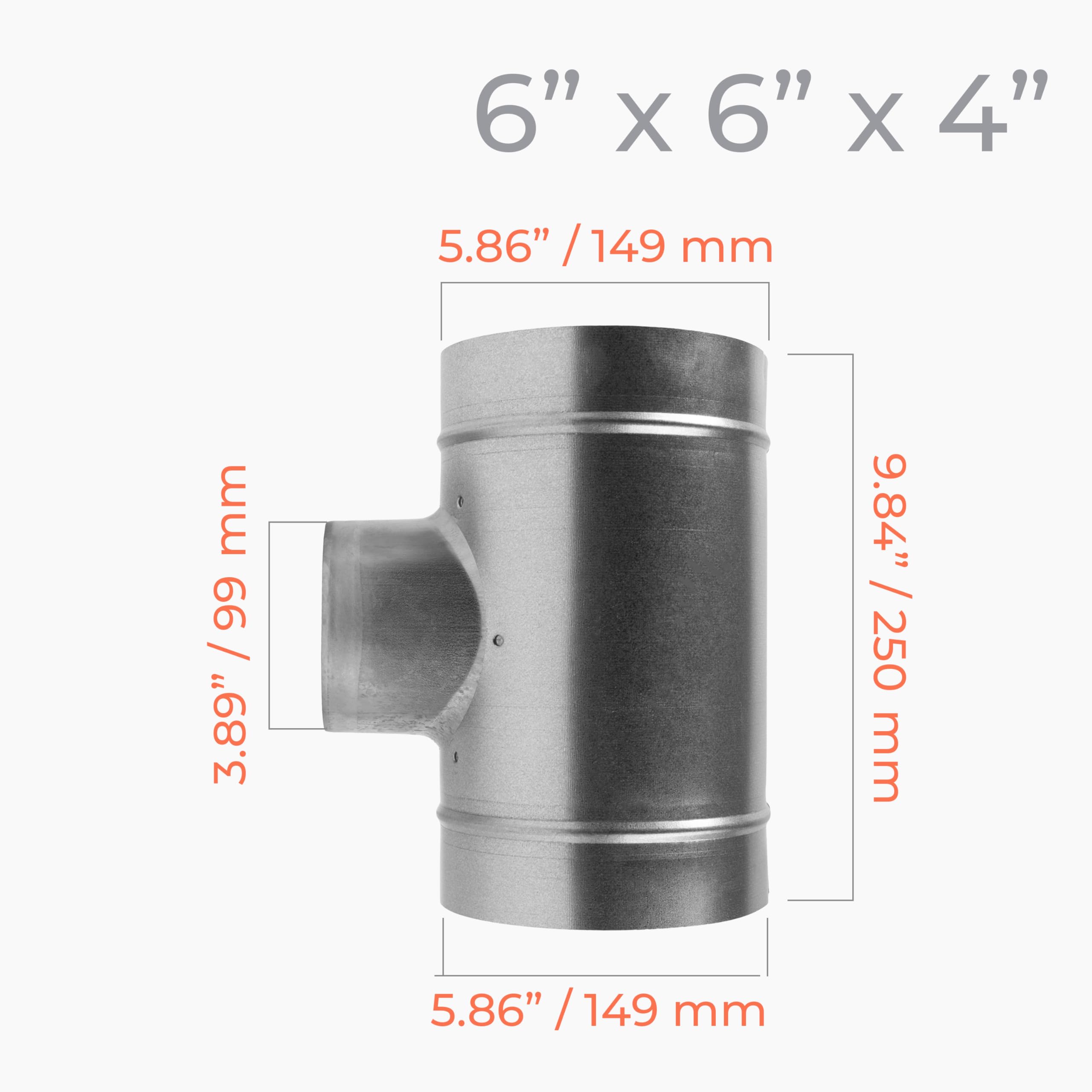 Divisor de conducto en forma de T de 90° de diámetro de 6 x 6 x 4 pulgadas - Adaptador de montaje de metal de 3 vías - Acero galvanizado - Conector de manguera de conducto redondo - para