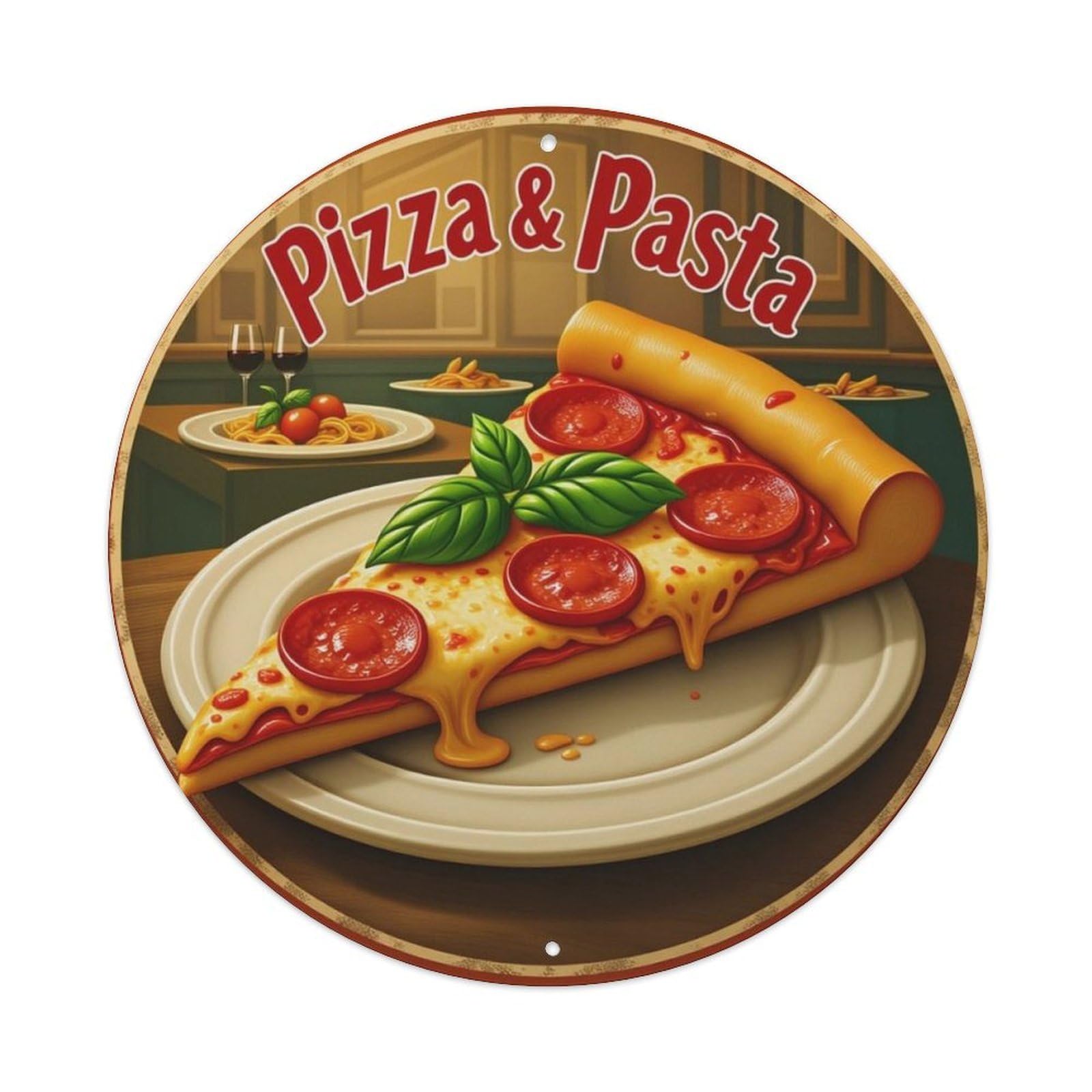 Italian Pizza Pasta Restaurant Round Sign Vintage Aluminium Metal Sign, Retro Wall Decor for Home, Bar, Garage & Farmhouse 20x20cm