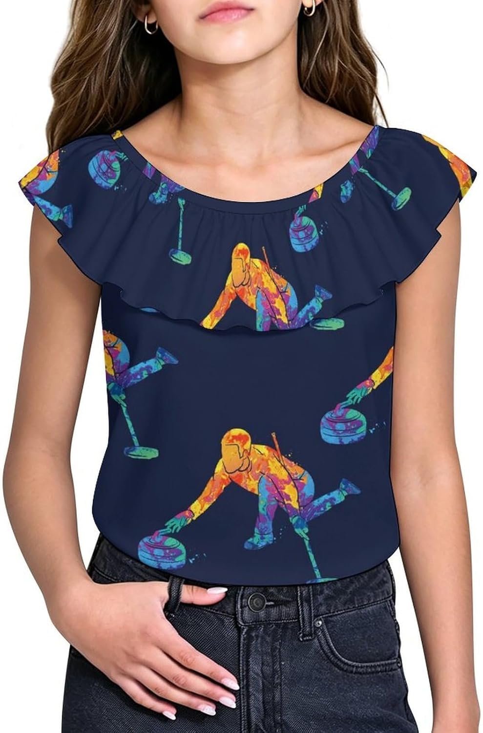 Curling Sports Girls T-Shirts Top Ruffle Short Sleeve Blouse Casual Graphic Tees