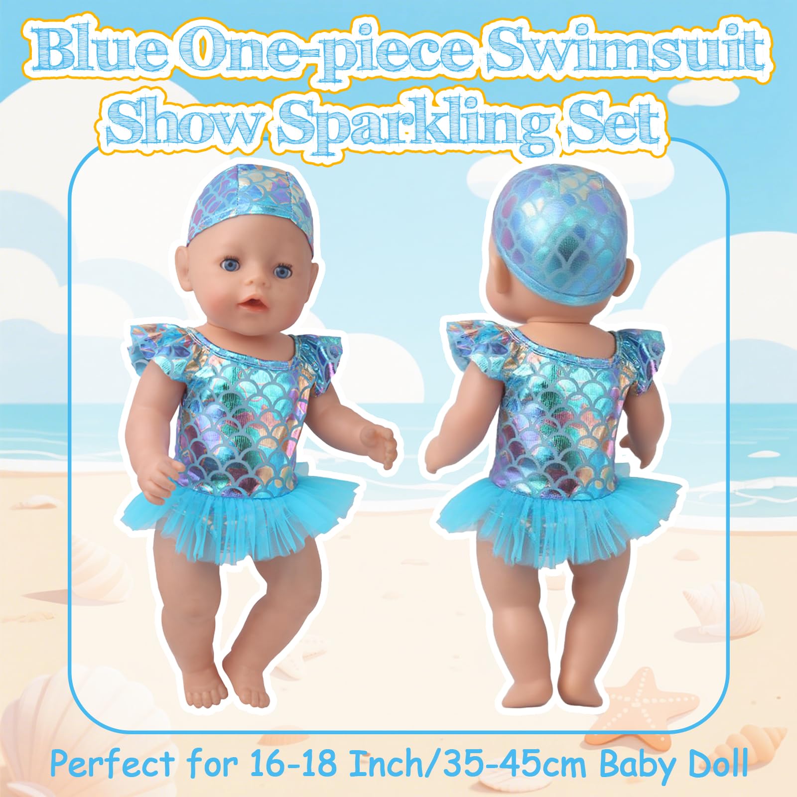 Xerteam Doll Clothes for 14-18 Inch Baby Doll, 2 Sets Swimming Dolls Clothes, Bikini Swimsuit, One-Piece Swimsuit, Cap - Image 3
