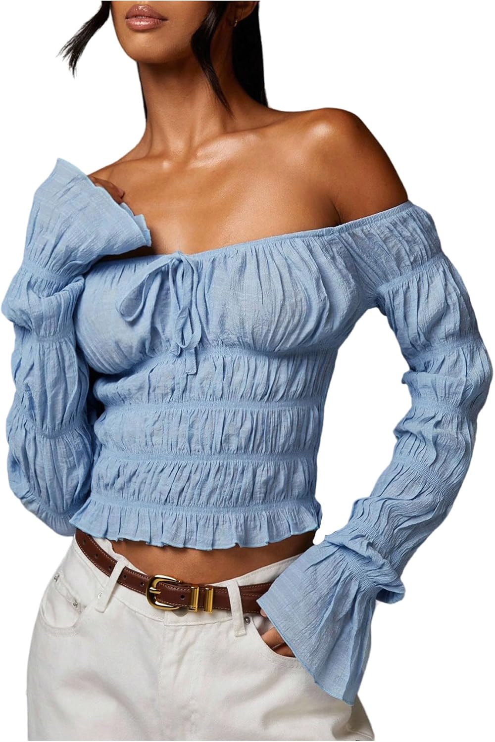 Floerns Women's Going Out Off The Shoulder T Shirts Bell Sleeve Bow Tie Ruffle Y2k Tops