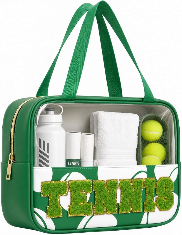 PPeen Necessaire de maquiagem transparente com estampa de letras, zíper e alça de pulso, modelo stb-ball
