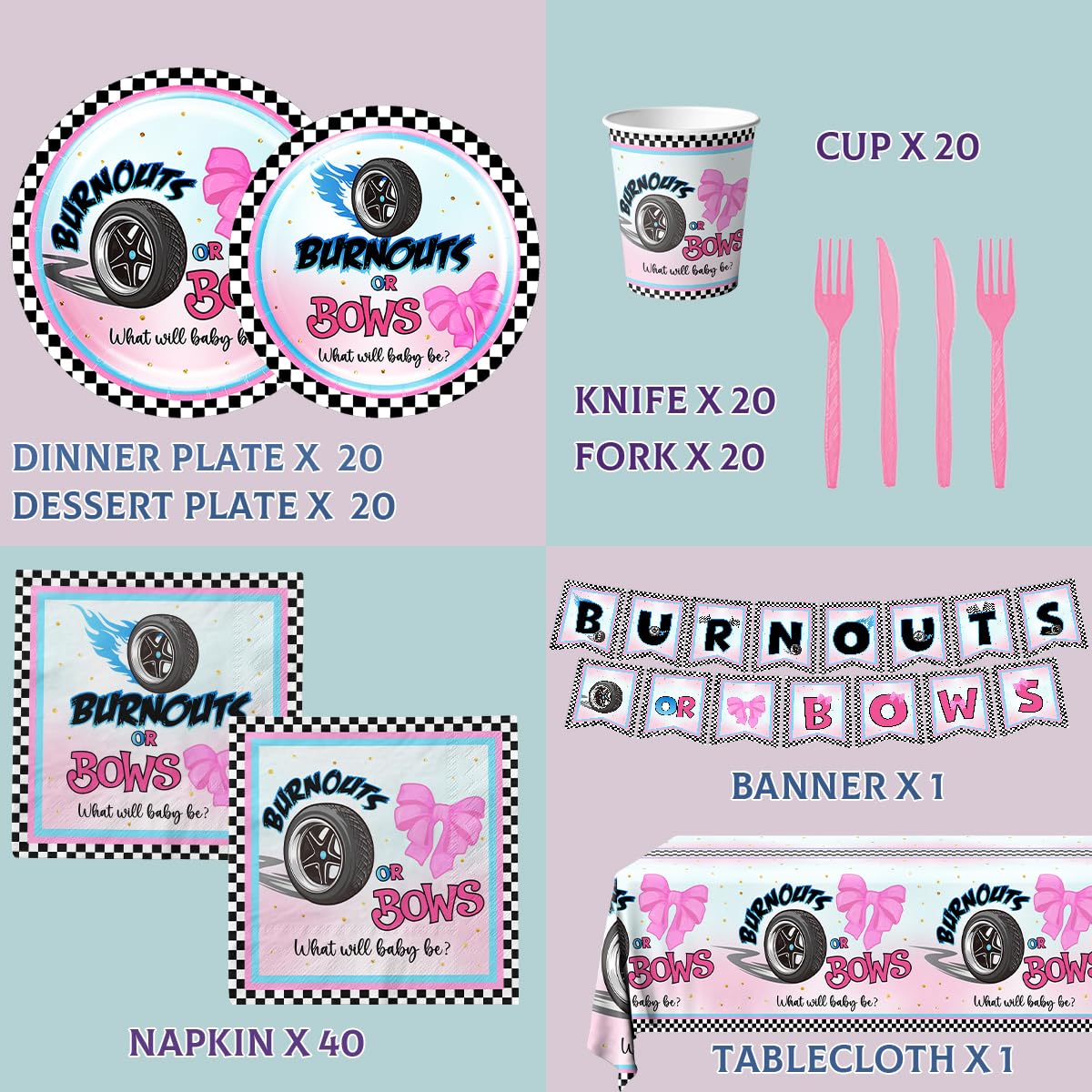 Condition photo showing Brand New for 142pcs burnouts or bows plates and napkins burnouts or bows gender reveal decorations paper wheels bows boys or girls tableware for baby shower gender reveal decorations kit